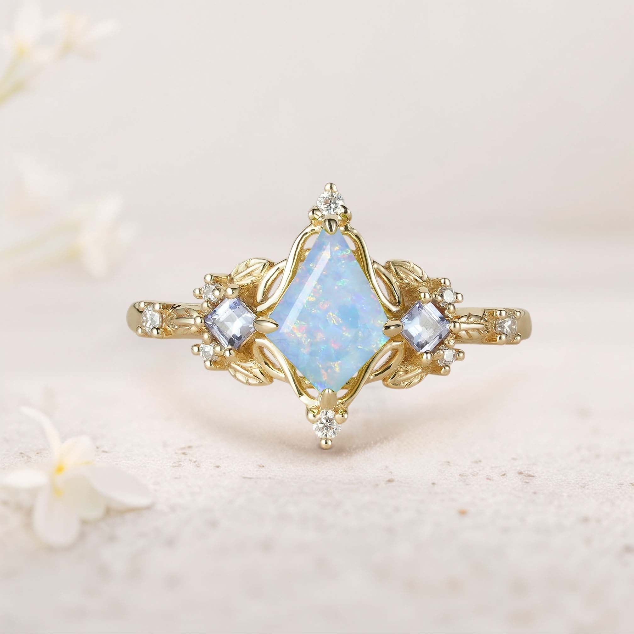 Unique Kite Three Stone Lab Opal 18K Yellow Gold Leaf Ring