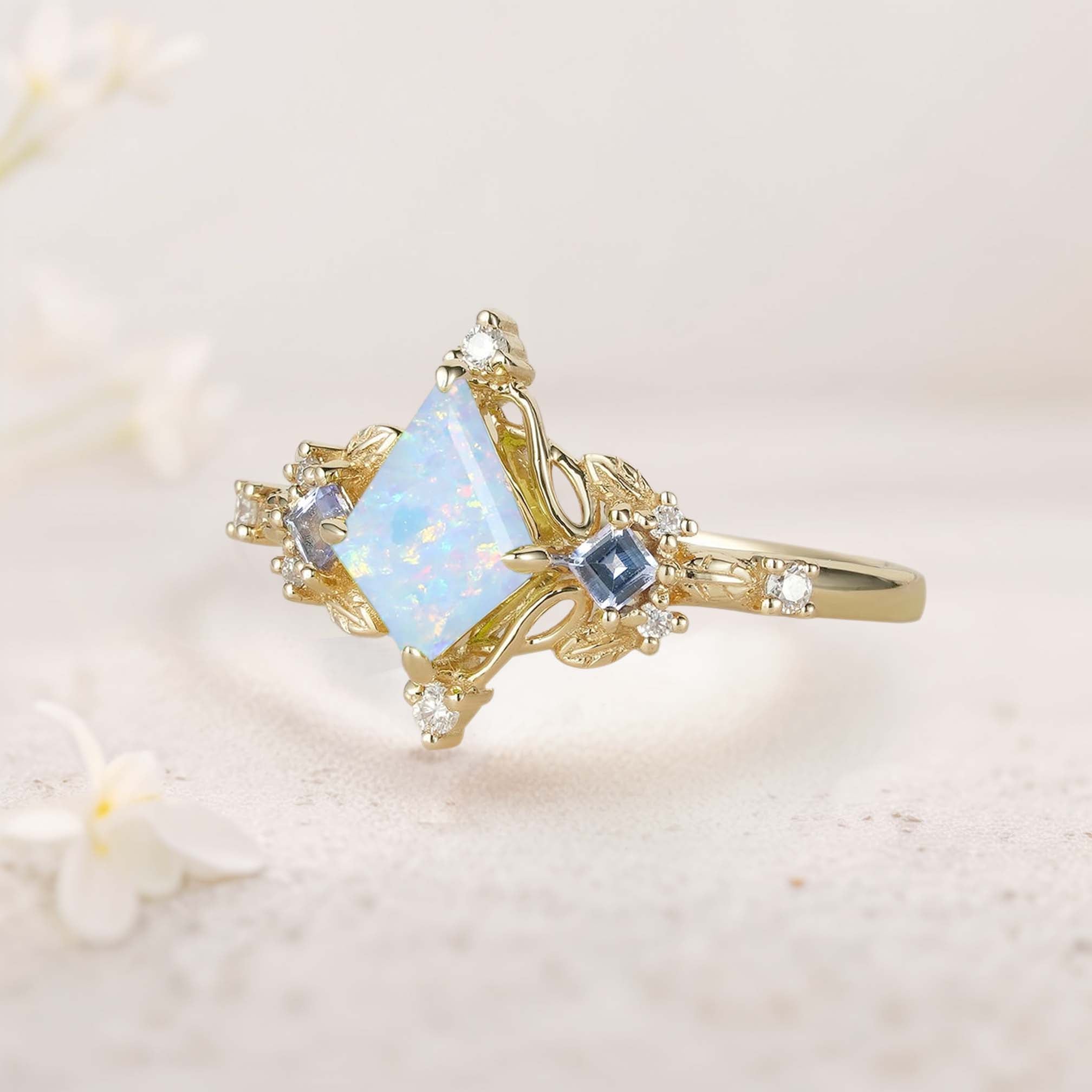 Unique Kite Three Stone Lab Opal 18K Yellow Gold Leaf Ring