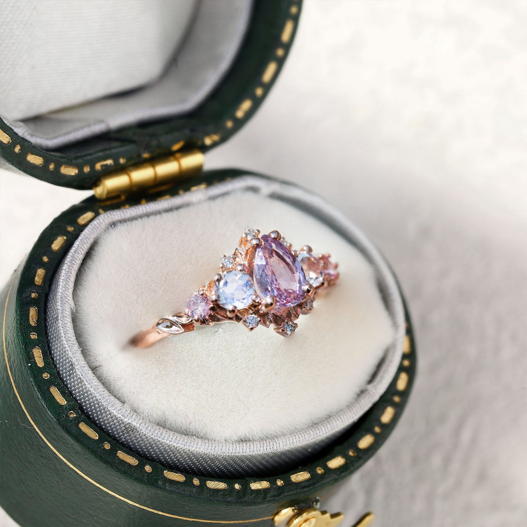 Unique Briar Rose Five Stone Pear Padparadscha and Moonstone Ring - Oore Jewelry