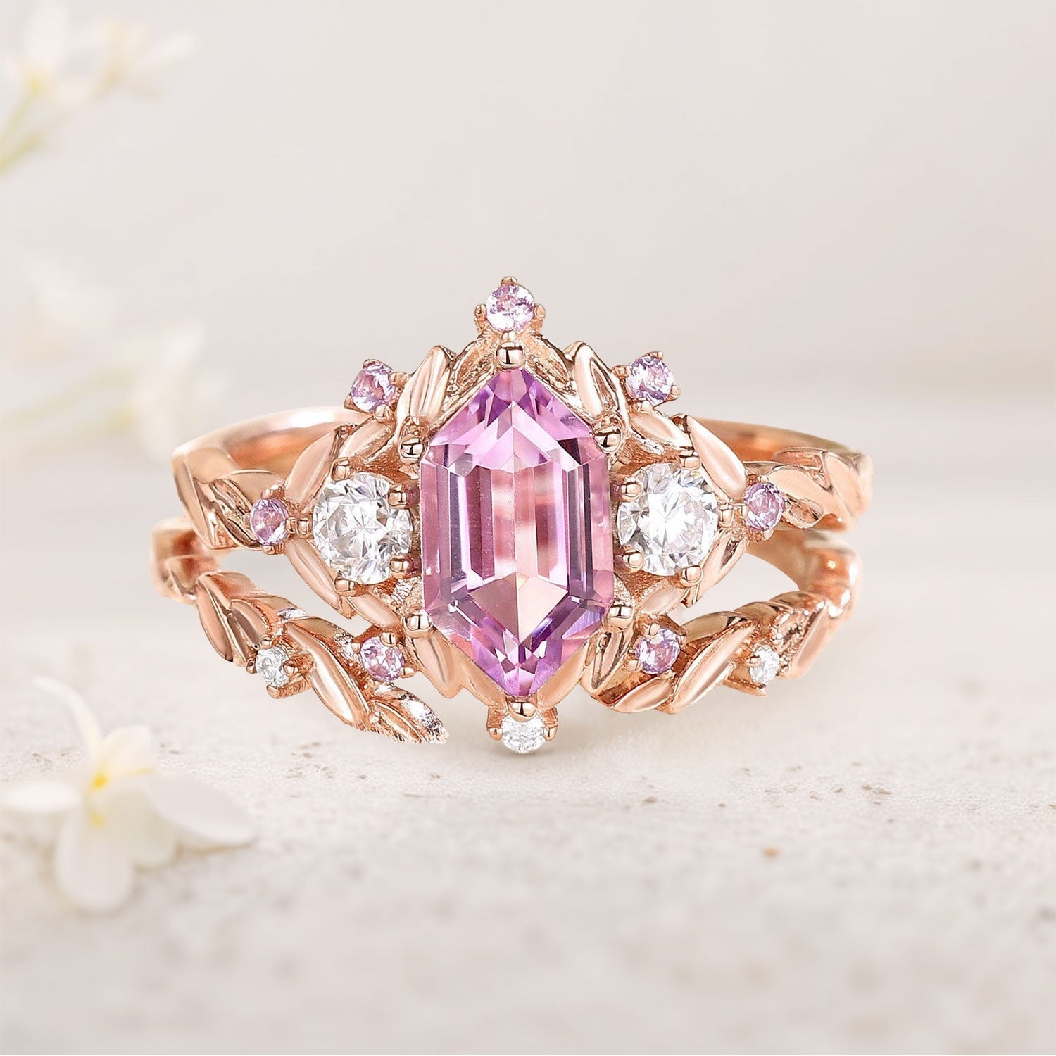 Unique Unique floral engagement rings long hexagon Lab Padparadscha and amethyst cluster 18K Rose Gold wedding ring set