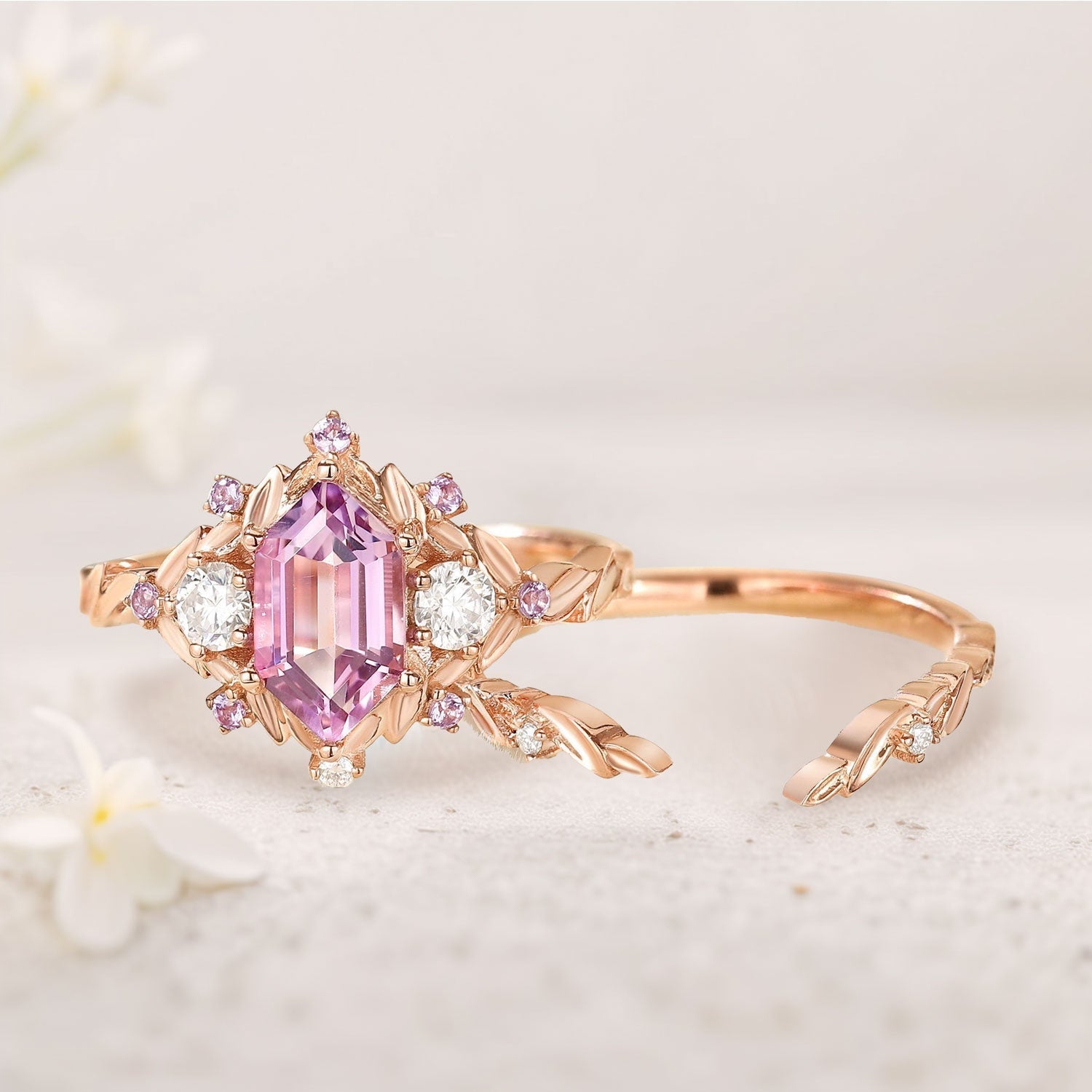 Unique Flower Engagement Ring Unique floral engagement rings long hexagon Lab Padparadscha and amethyst cluster 18K Rose Gold wedding ring set