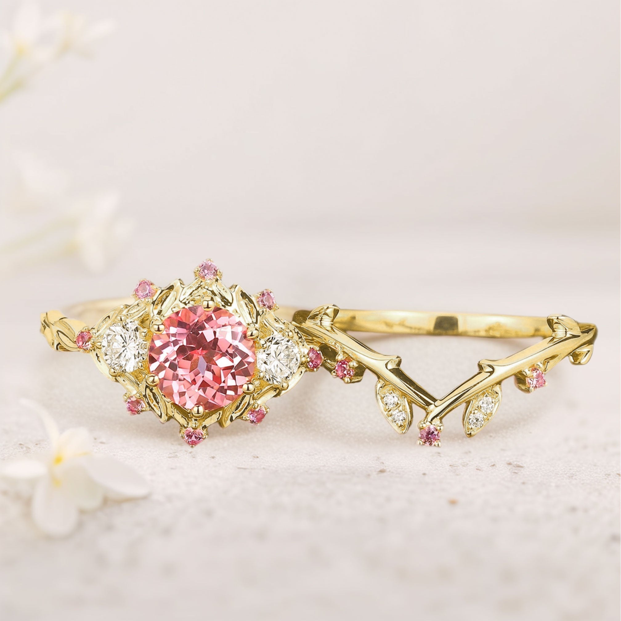 Unique floral engagement rings Round Lab Padparadscha Twig Engagement Ring Set Dainty Leaf 18K Yellow Gold Wedding Ring Set