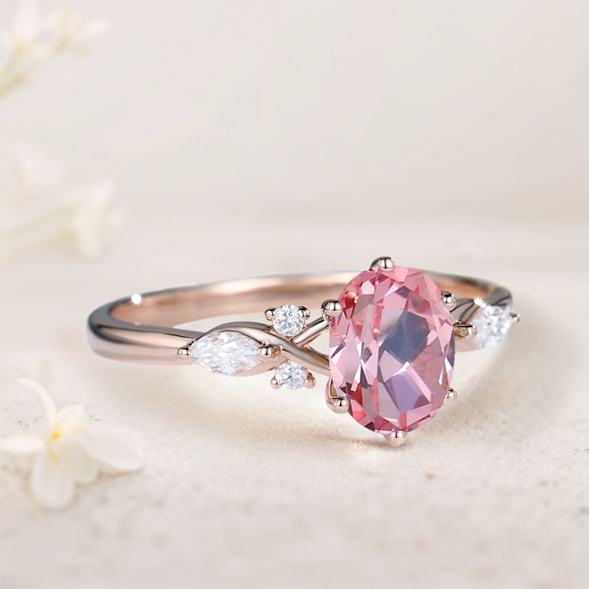 Vintage Oval Lab Padparadscha and Moissanite 18K Rose Gold Engagement Ring