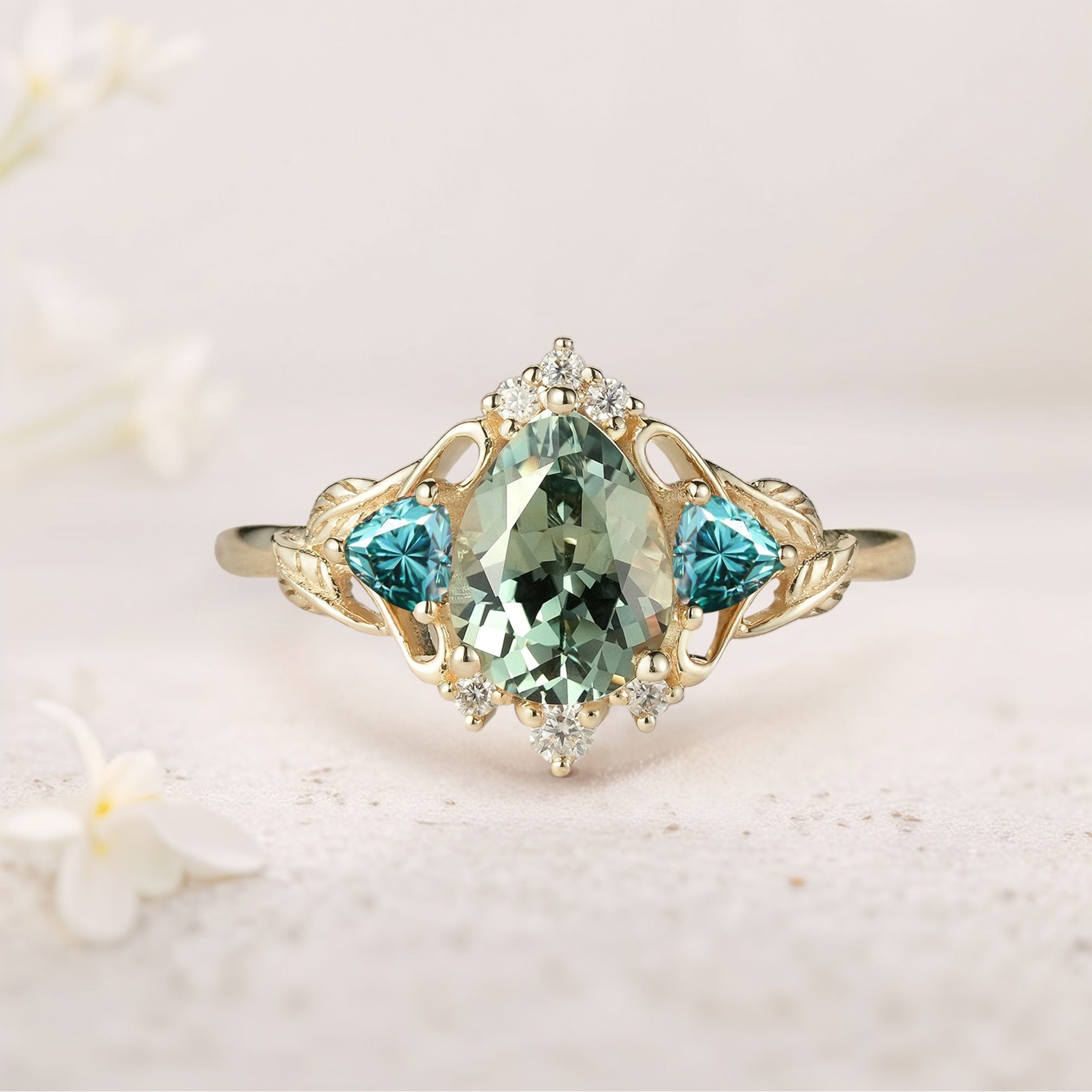 Unique Pear Green Lab Sapphire and Tear Moissanite Leaf Ring 18K Yellow Gold Engagement Ring