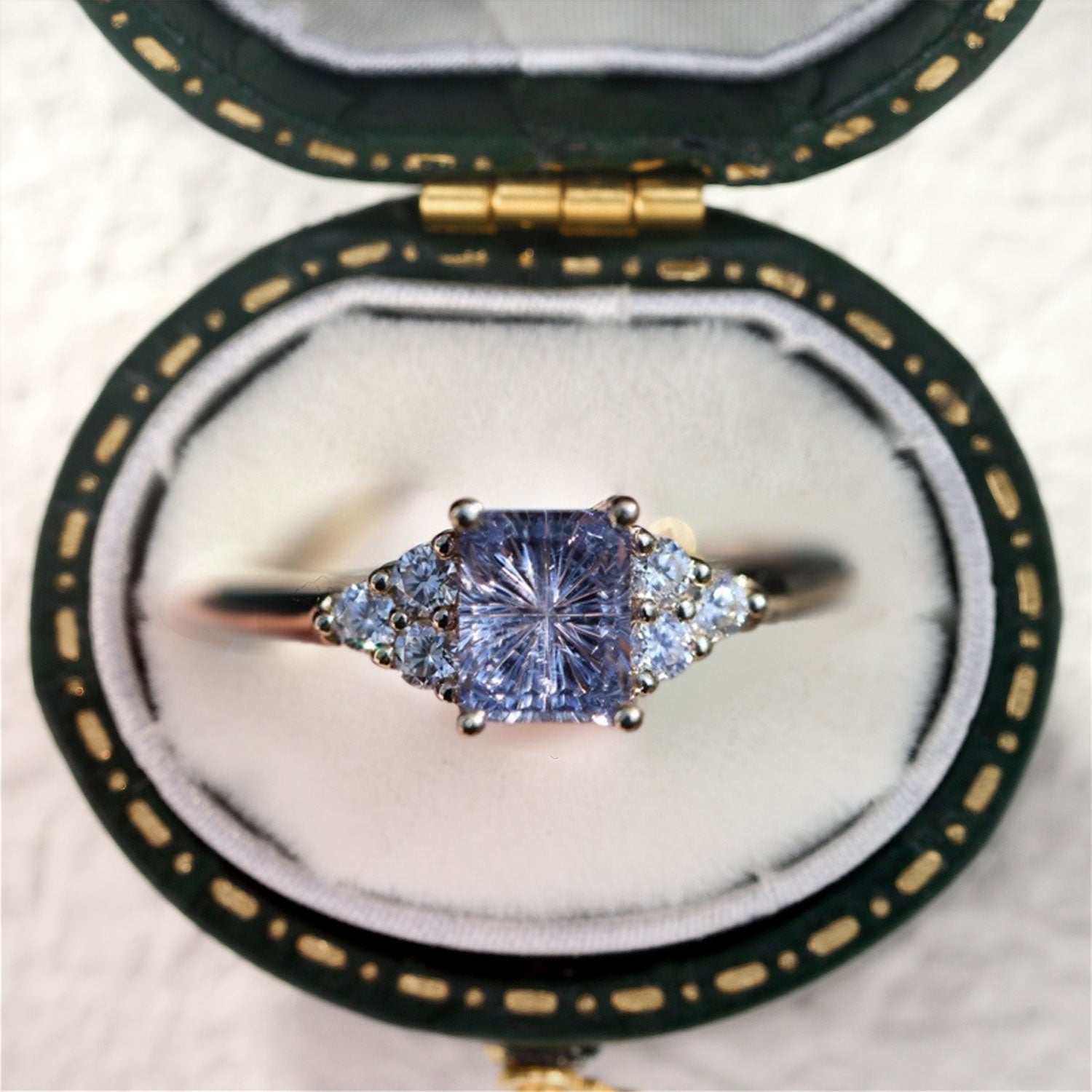 Vintage Unique Modern Cluster Emerald Cut Purple Lab Sapphire 18k rose gold Ring