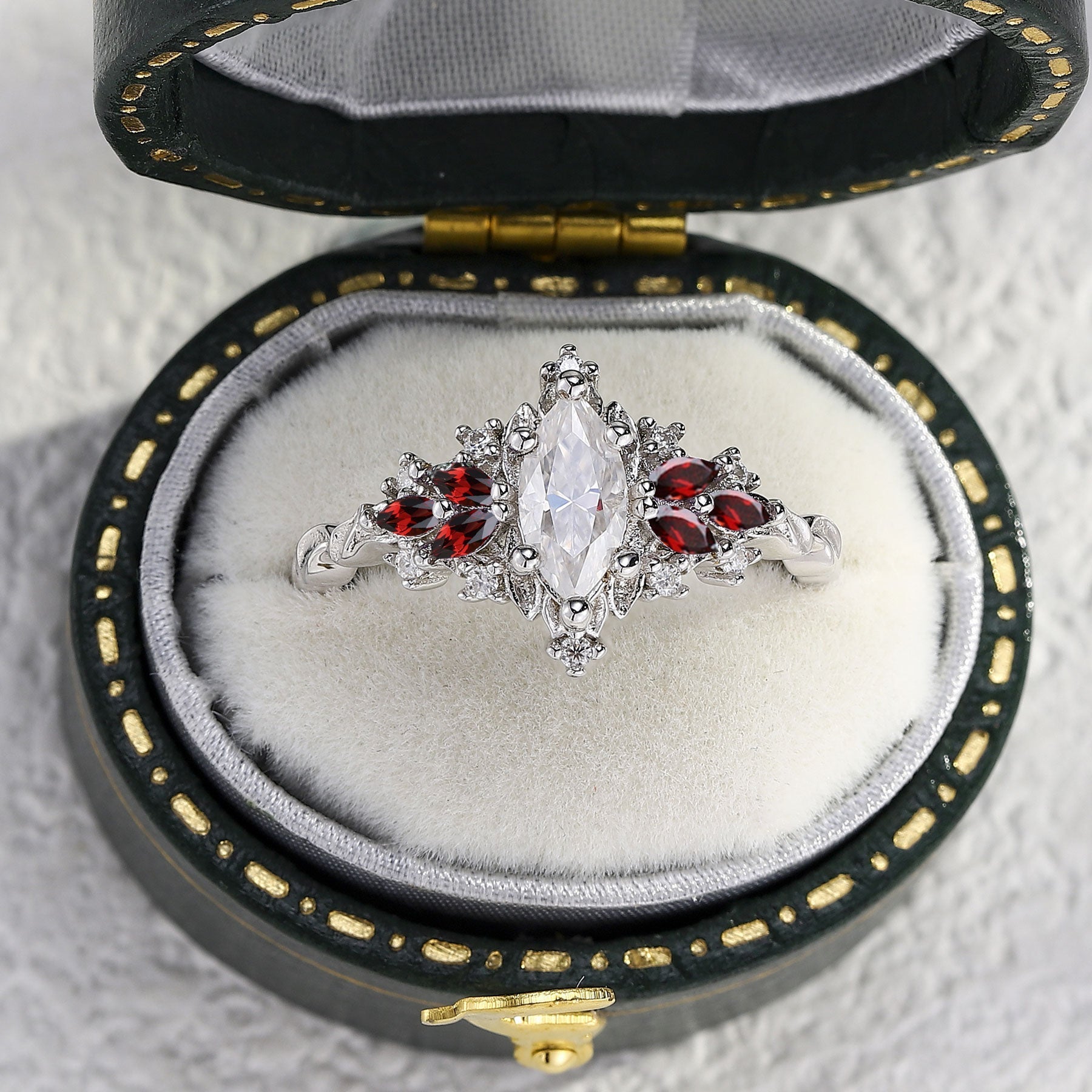 Customize your own Unique Starlight Marquise Moissanite and Lab Ruby 18K White Gold Ring