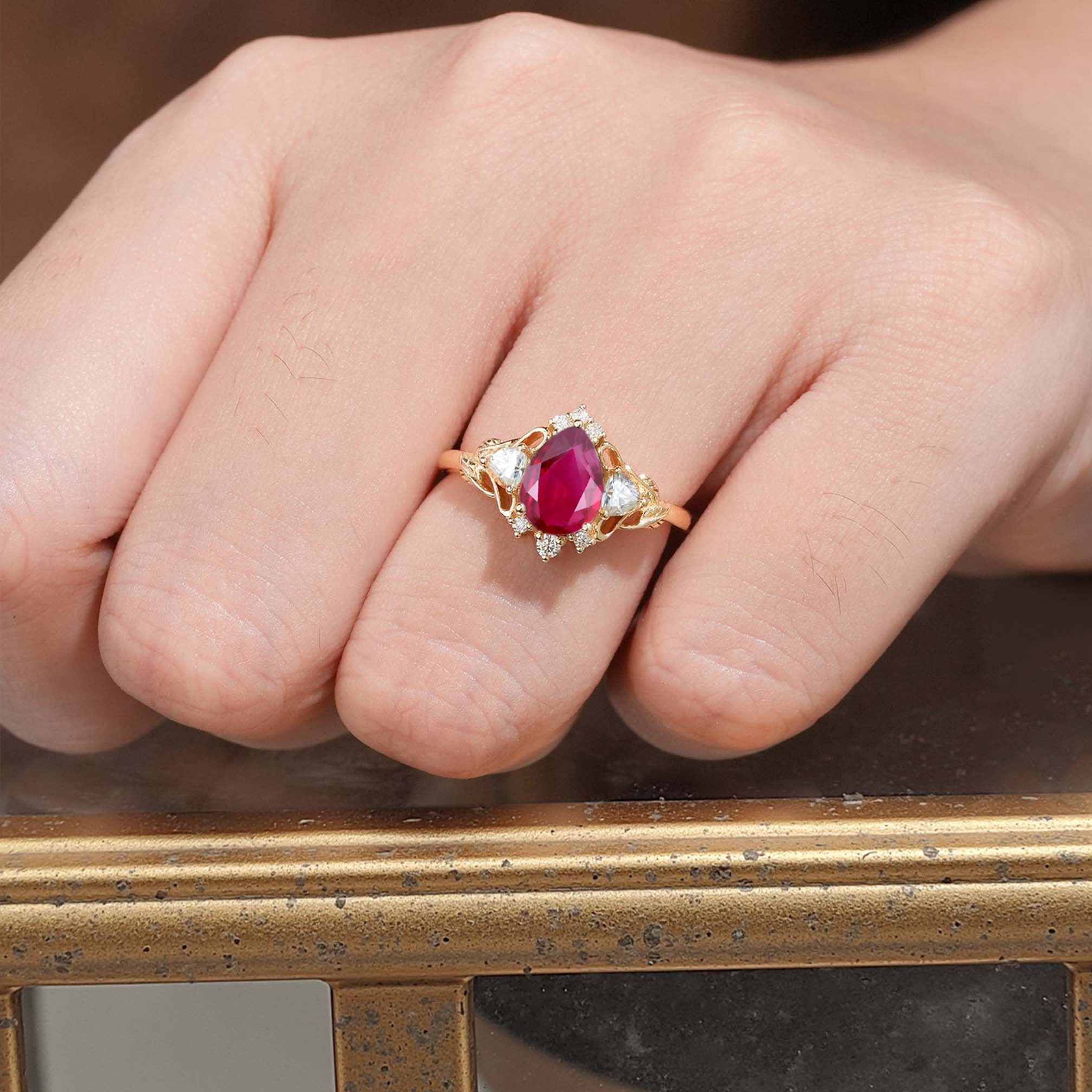 Unique Pear Lab Ruby and Moissanite side stones Leaf Ring 18K Yellow Gold Engagement Ring