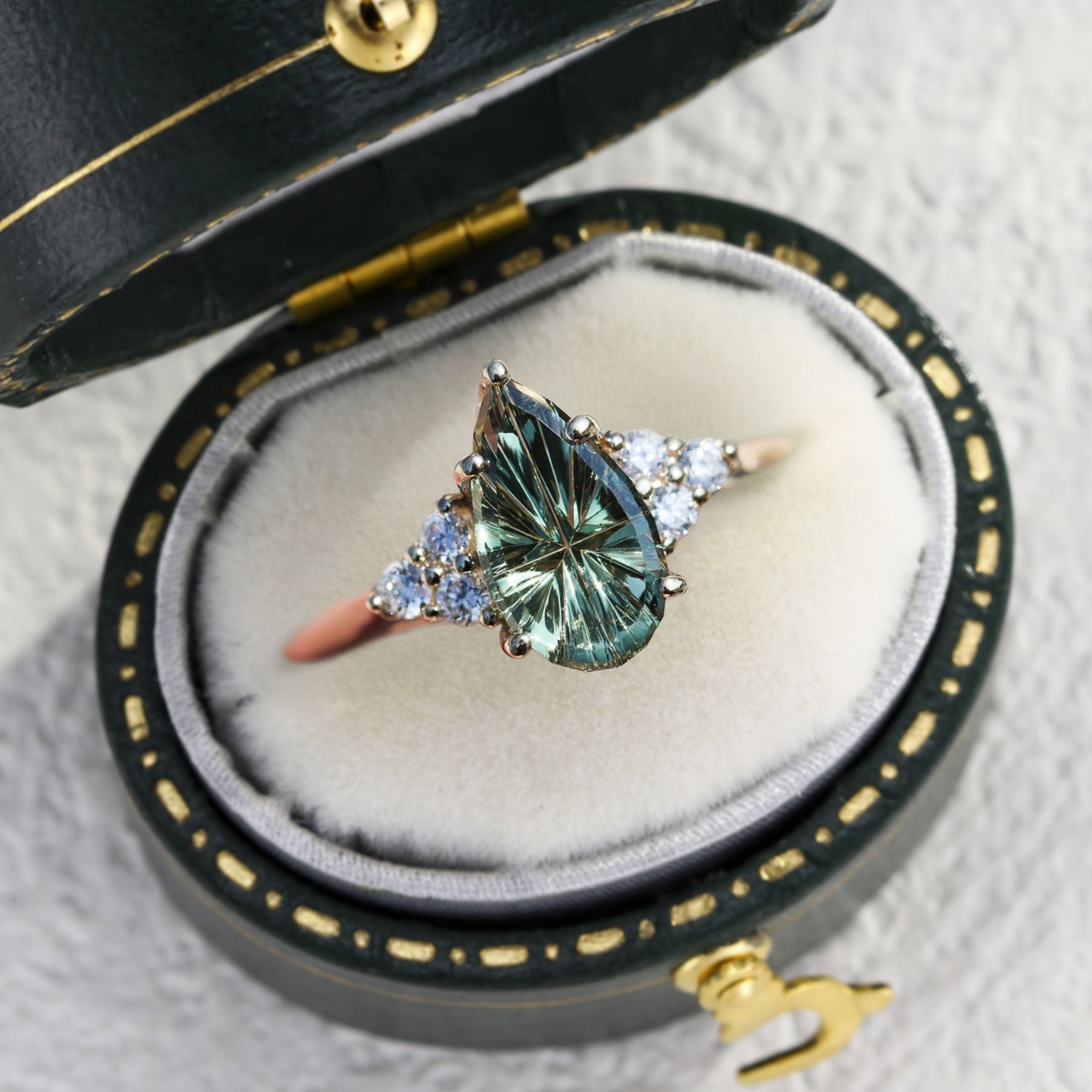Vintage Unique Starlight Pear Green Lab Sapphire 18k rose gold Engagement Ring