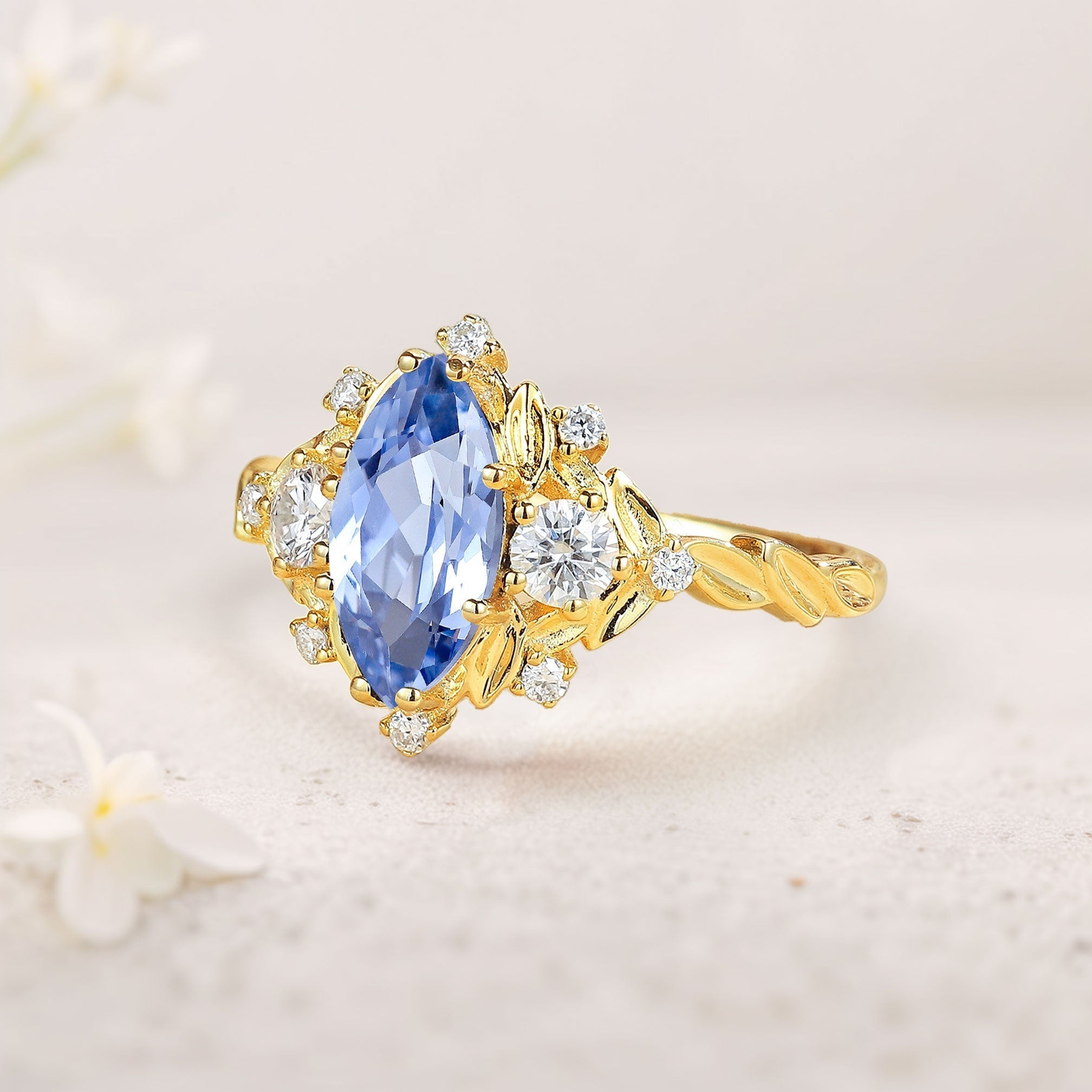 Unique floral engagement rings Marquise Lab Sapphire 18K Yellow Gold Engagement Ring Moissanite Cluster Promise Ring