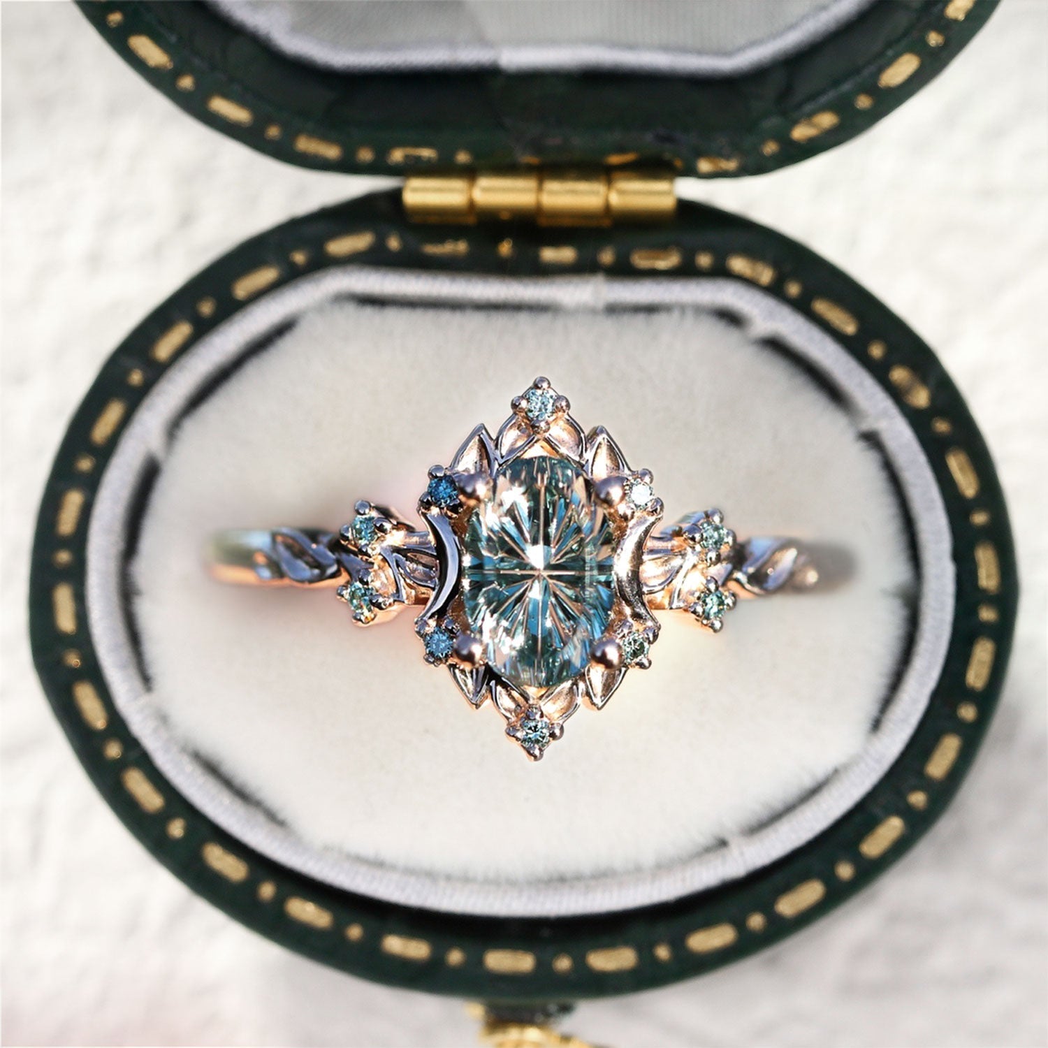 Unique Briar Rose Halo Moon Oval Light Green Lab Sapphire 18k rose gold Ring