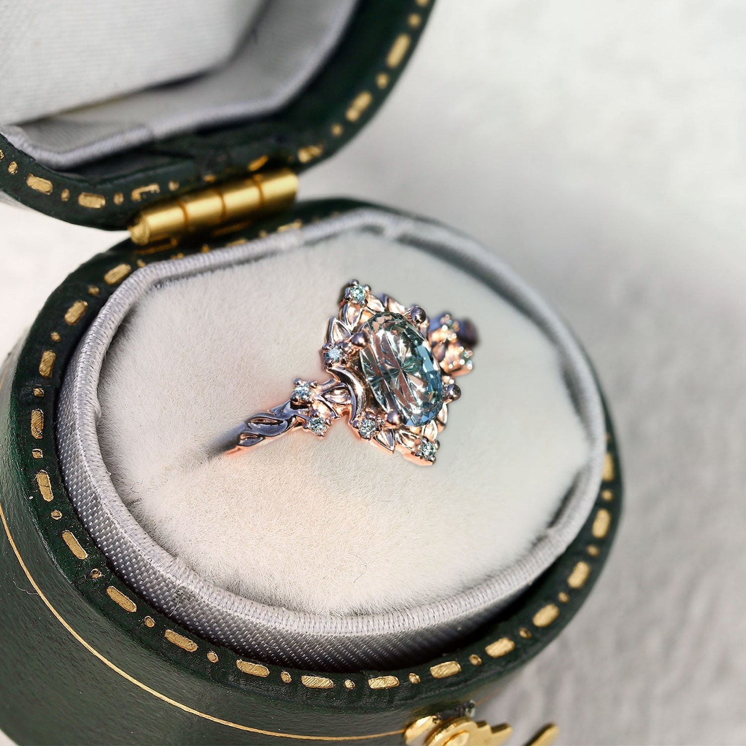 Unique Briar Rose Halo Moon Oval Light Green Lab Sapphire 18k rose gold Ring