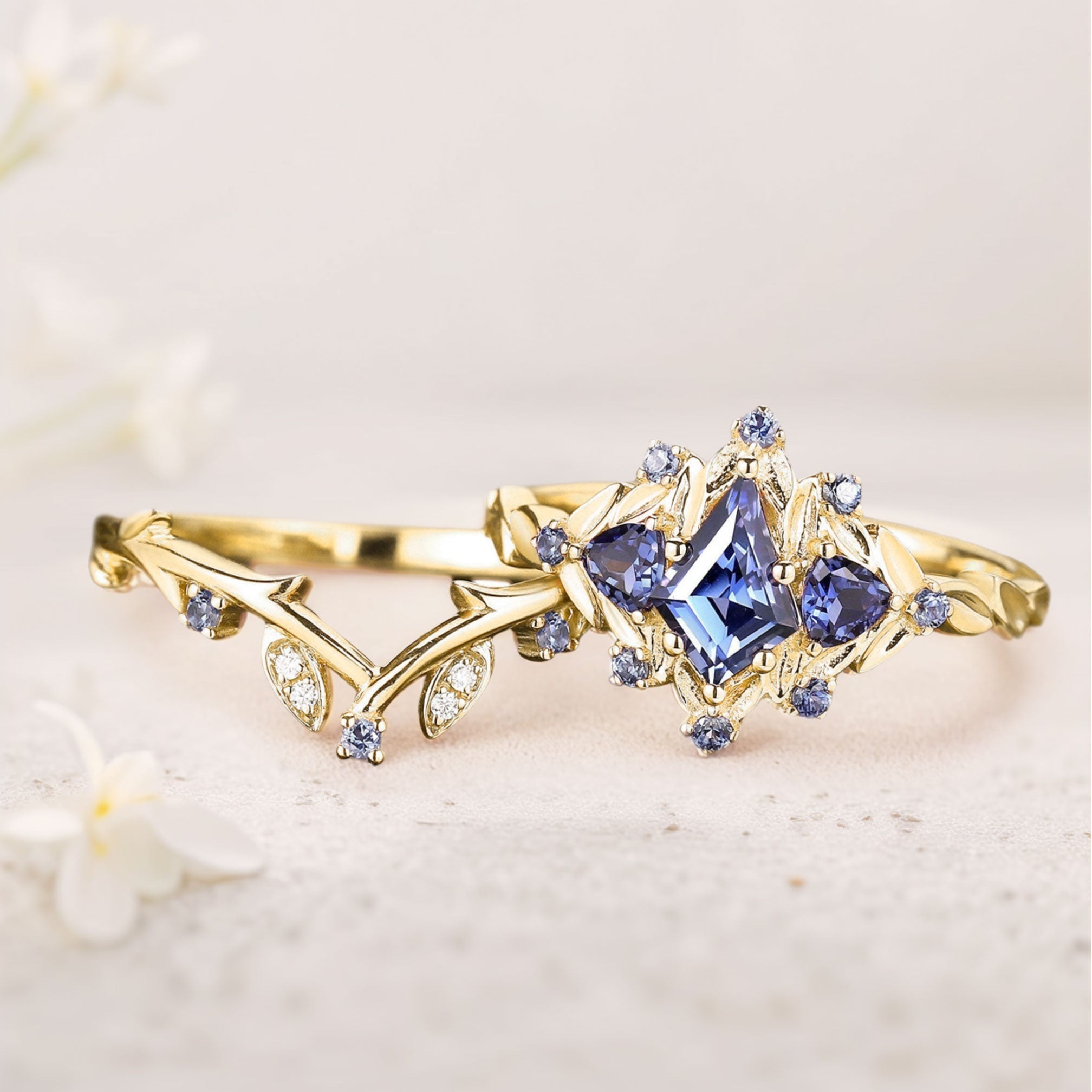 Unique Kite Lab Sapphire Engagement Ring Set Sapphire Cluster Ring Leaf Floral 18K Yellow Gold Wedding Ring Set
