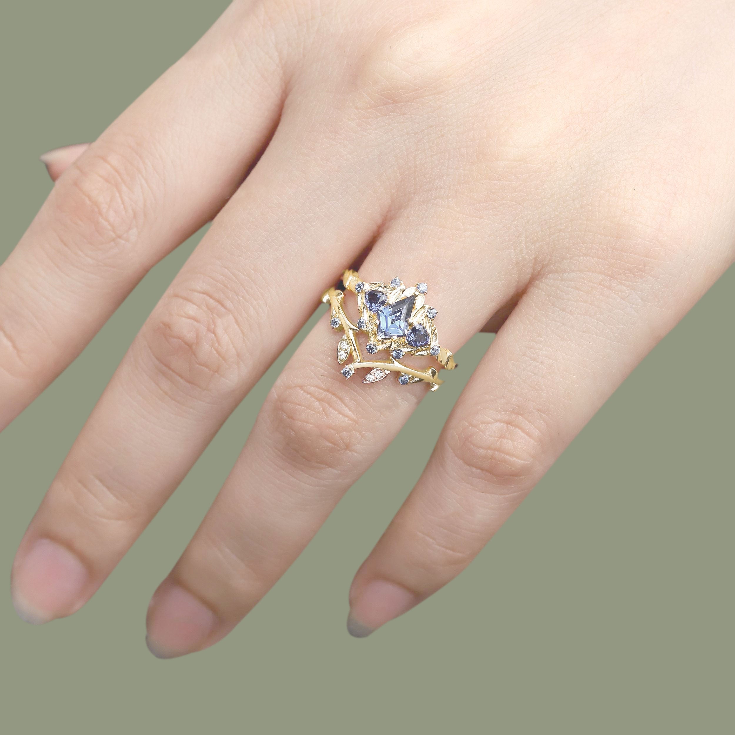 Unique floral engagement rings Kite Lab Sapphire Engagement Ring Set Sapphire Cluster Ring Leaf Floral 18K Yellow Gold Wedding Ring Set