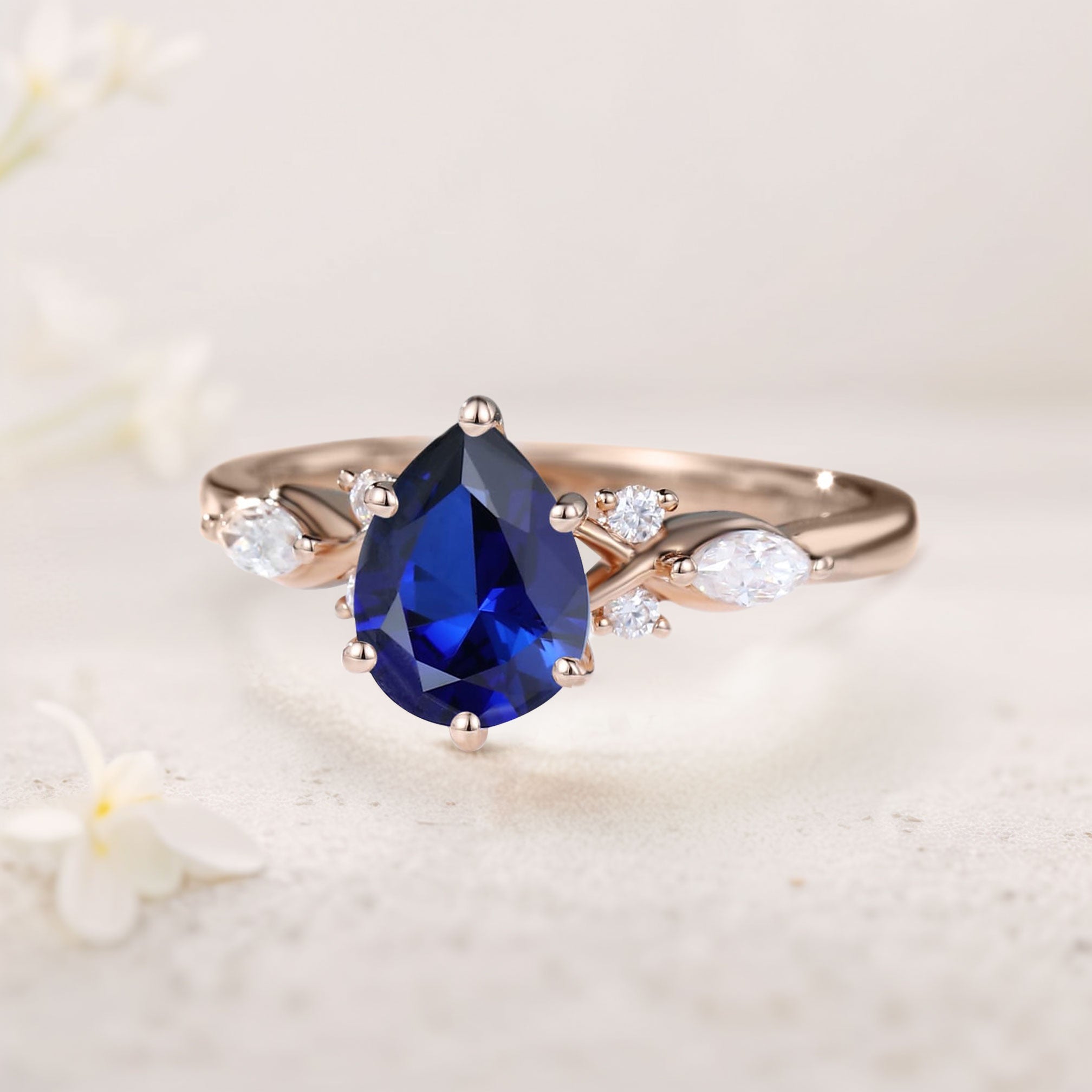 Vintage Pear Lab Sapphire 18K Rose Gold Engagement Ring