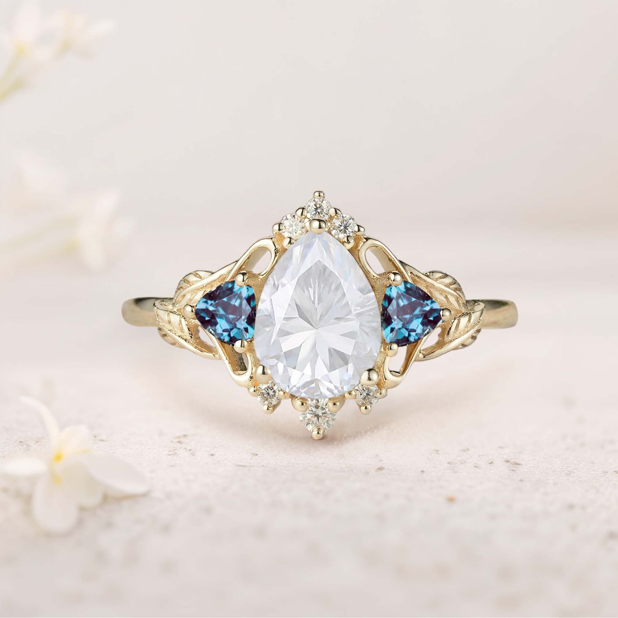 Unique Pear Moissanite and Lab Alexandrite Leaf Ring 18K Yellow Gold Engagement Ring