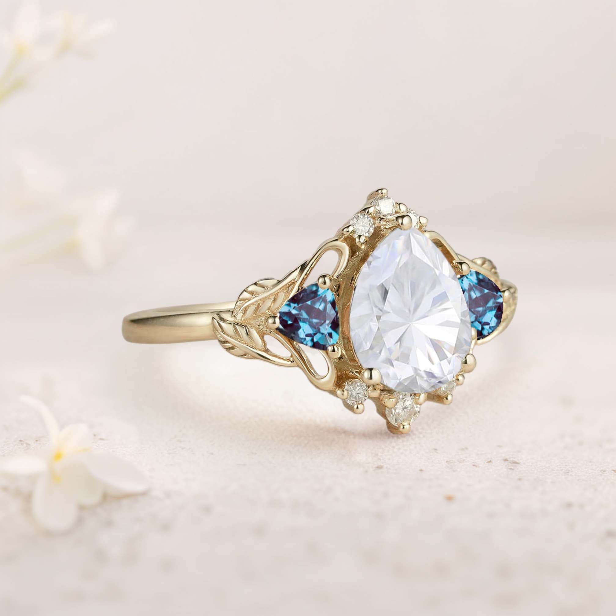 Unique Pear Moissanite and Lab Alexandrite Leaf Ring 18K Yellow Gold Engagement Ring