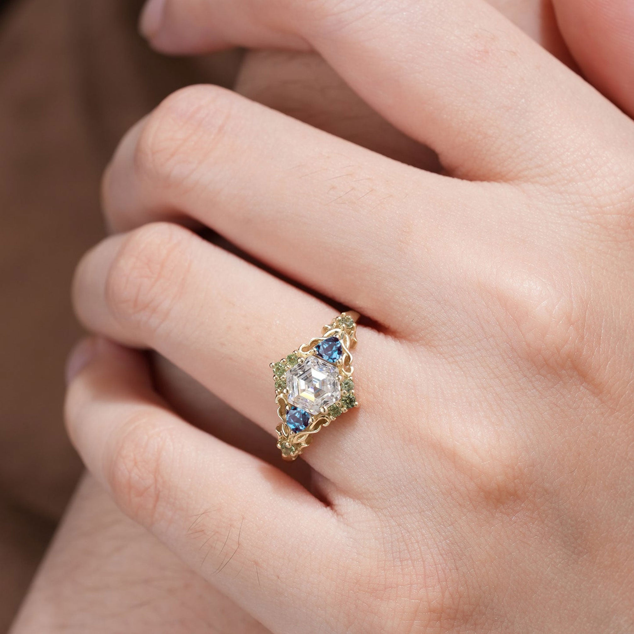 Unique Three Stone Hexagon Moissanite and Lab Alexandrite Leaf 18K Yellow Gold Ring