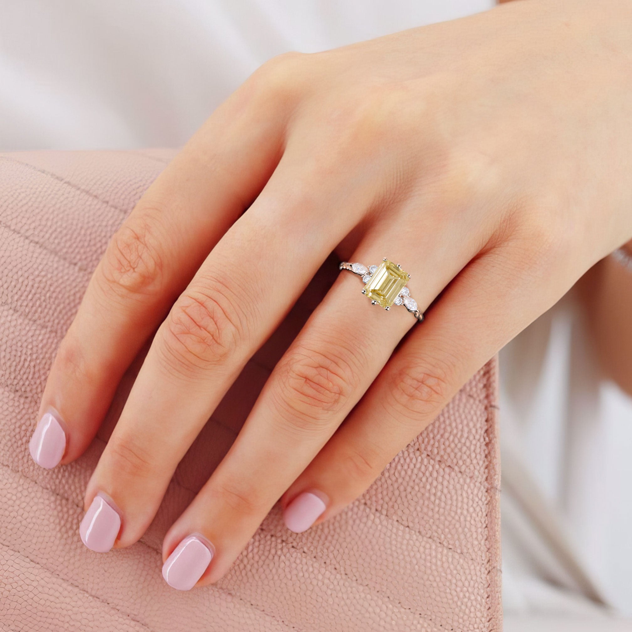 Vintage Emerald Cut Citrine Engagement Ring Twisted 18K Rose Gold Wedding Ring