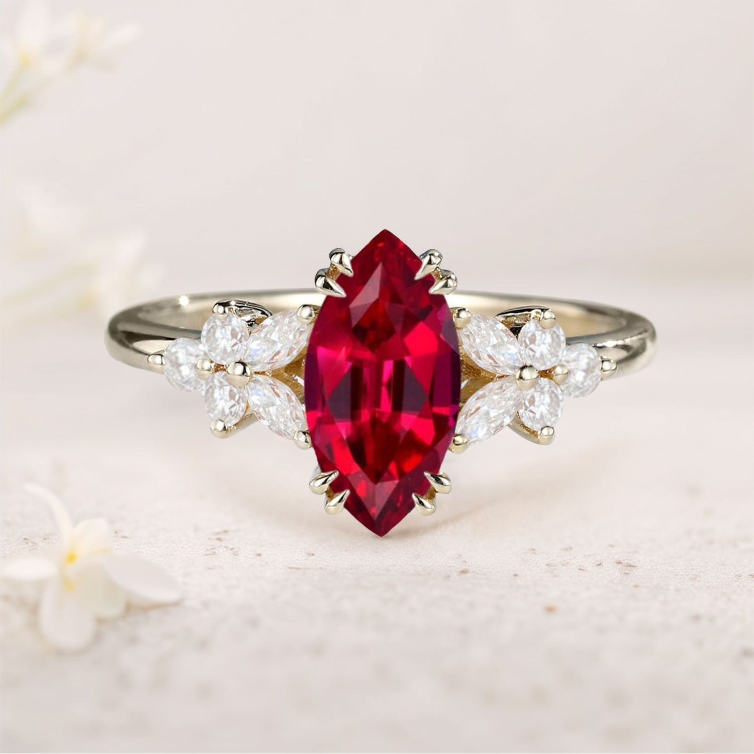 Unique Marquise Lab Ruby 18K Yellow Gold Engagement Ring Floral Elegance Bridal Ring