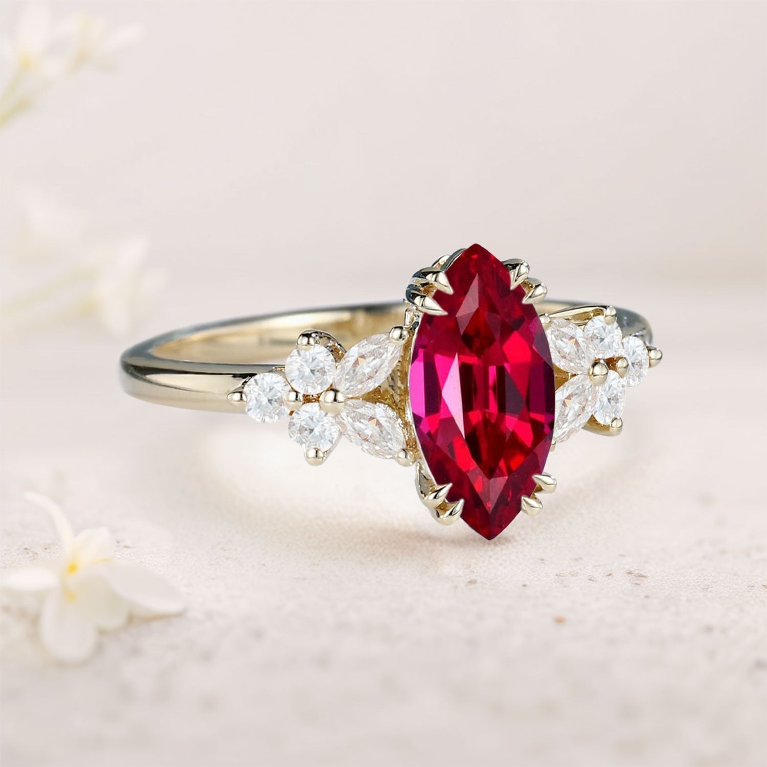 Unique Marquise Lab Ruby 18K Yellow Gold Engagement Ring Floral Elegance Bridal Ring