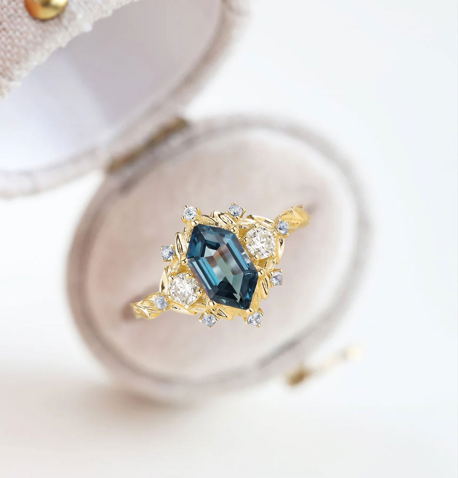 Unique floral engagement rings Long Hexagon Lab Topaz Engagement Ring Flower Leaf Design Topaz Cluster 18K Yellow Gold Promise Ring
