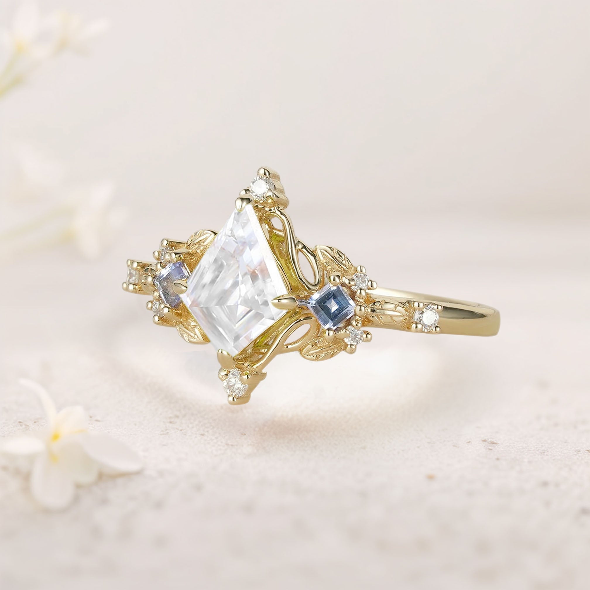 Unique Kite Three Stone Moissanite Leaf 18K Yellow Gold Ring