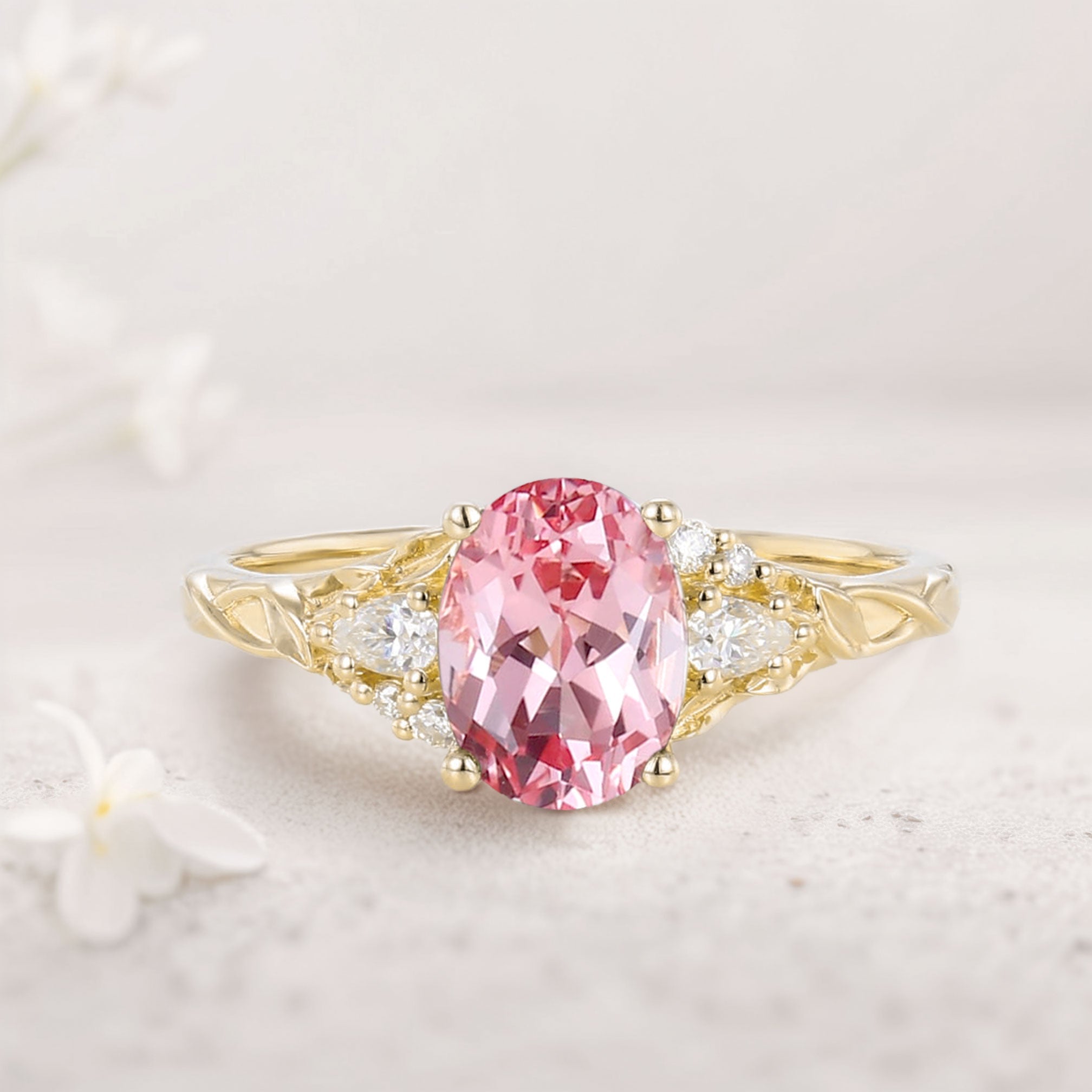 Unique Oval Pink Lab Padparadscha and Moissanite 18K Yellow Gold Wedding Ring