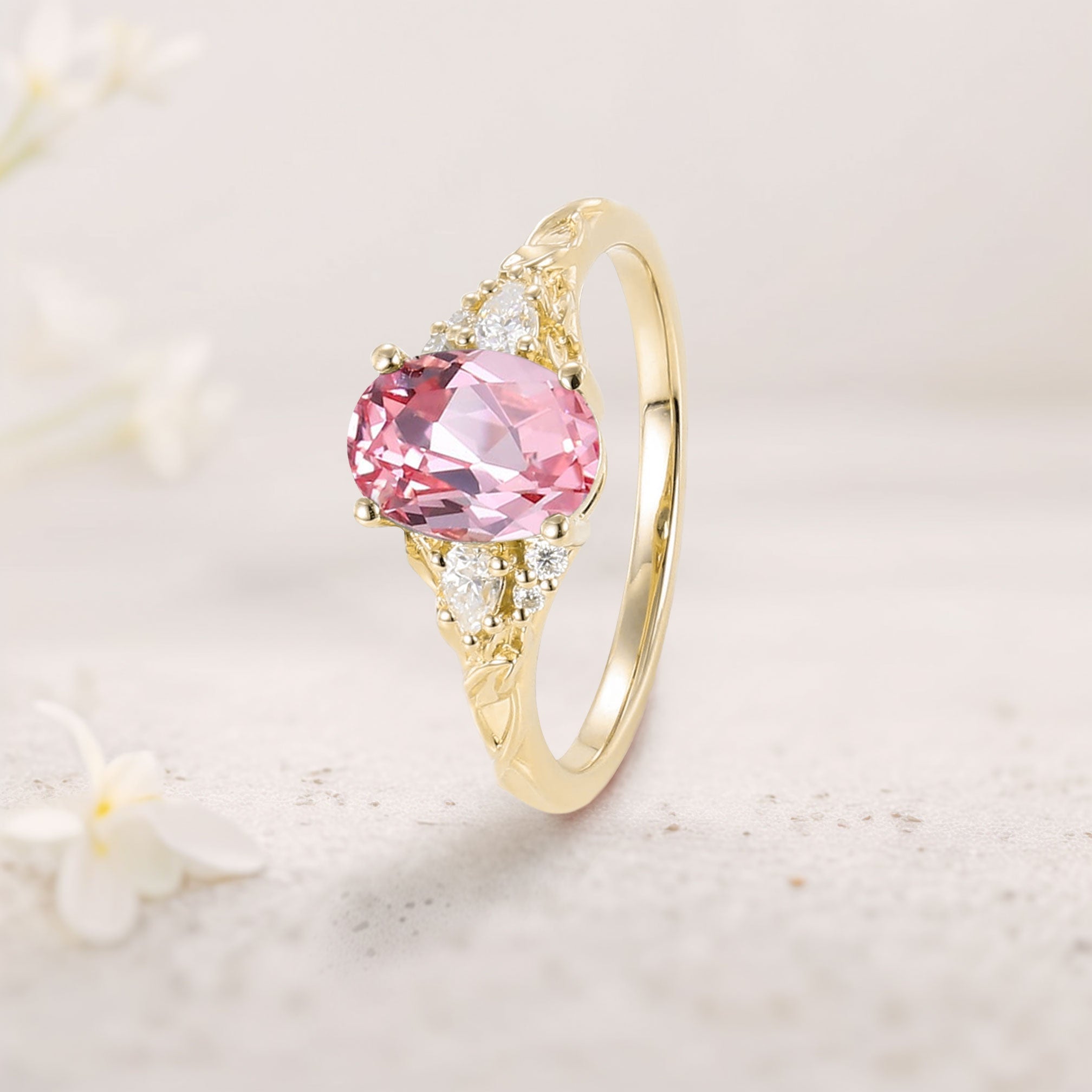 Unique Oval Pink Lab Padparadscha and Moissanite 18K Yellow Gold Wedding Ring
