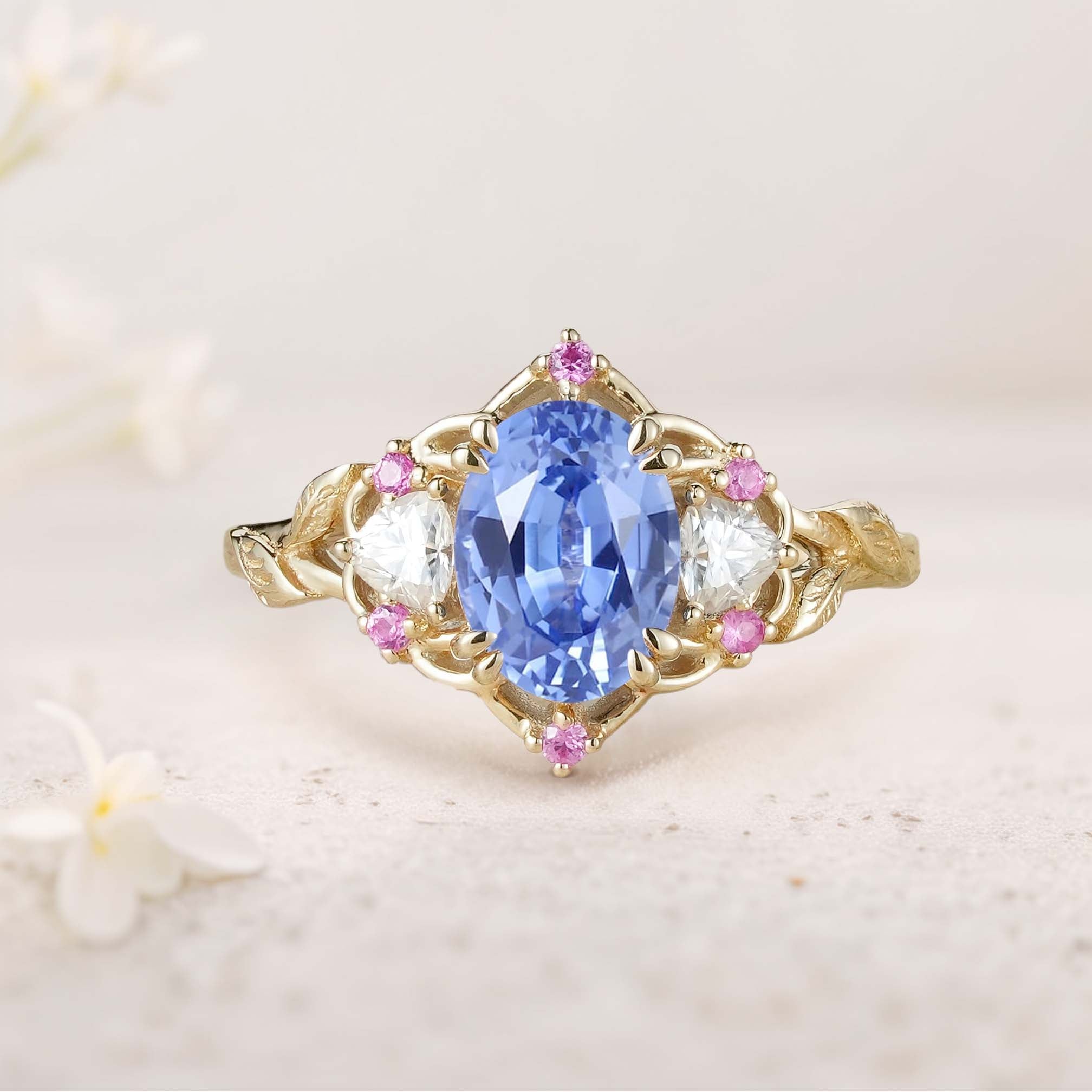Unique Three Stone Oval Lab Sapphire 18K Yellow Gold Engagement Ring