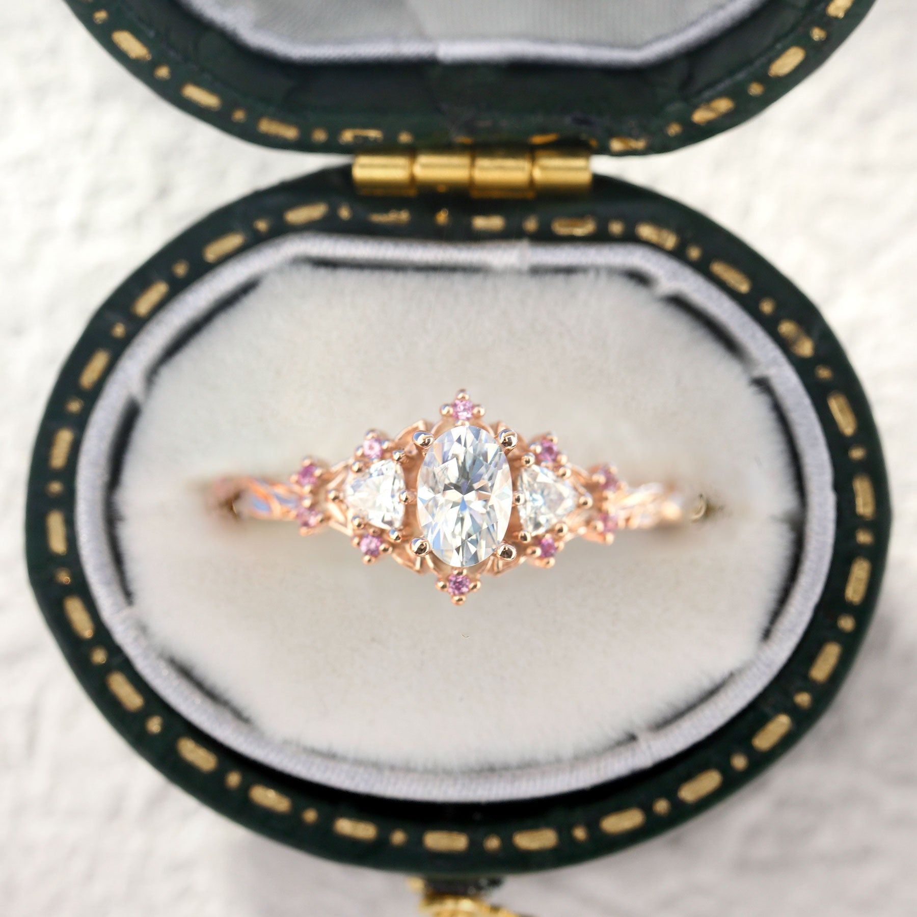 Unique Briar Rose Three Stone Oval Moissanite and Pink Sapphire Ring - Oore Jewelry