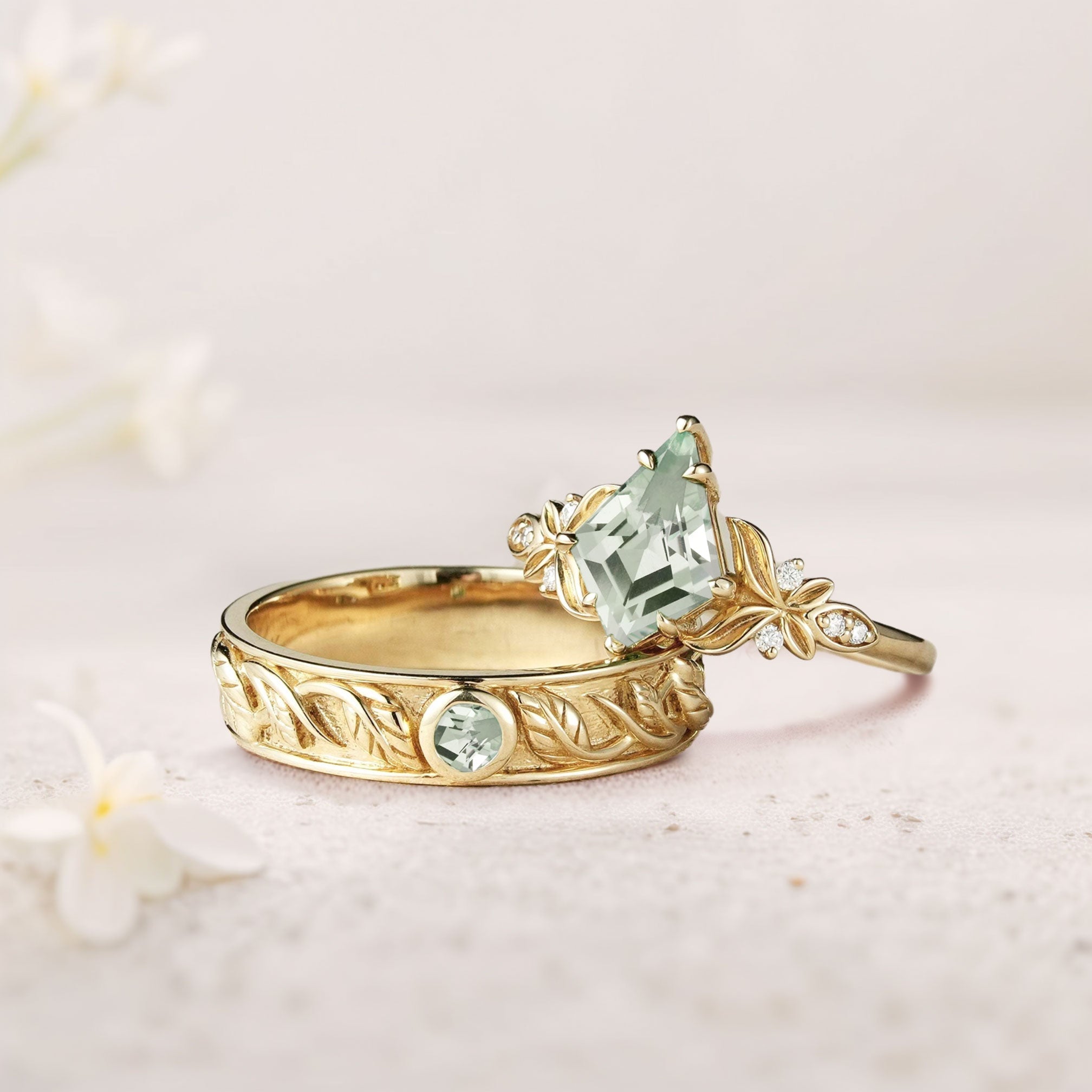 Unique Kite Green Lab Sapphire Promise Engagement Ring Wedding Ring Set For Couples - Oore Jewelry