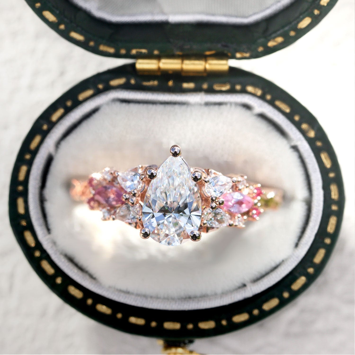 Nature Inspired Pear Moissanite and Pink Sapphire Engagement Ring - Oore Jewelry