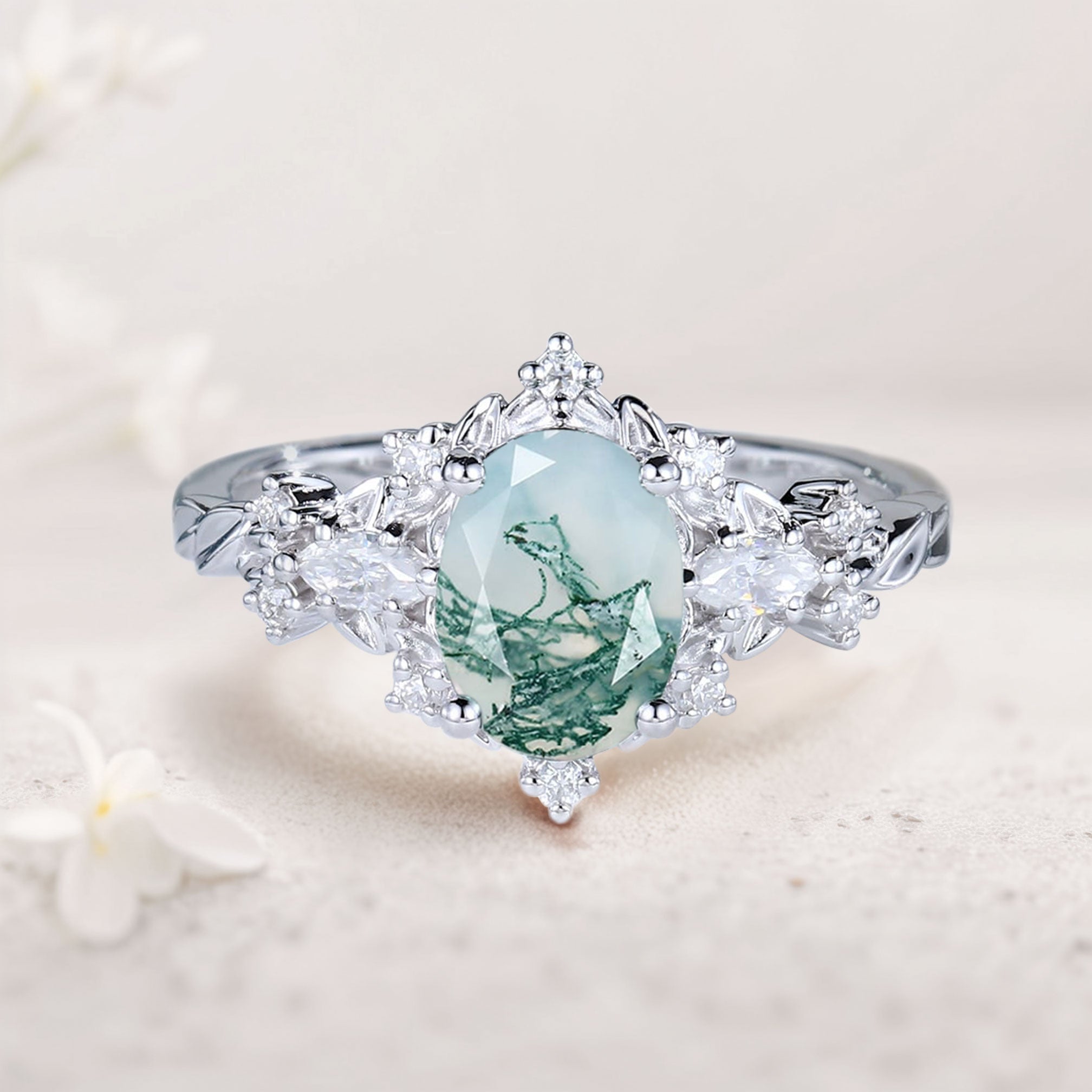 Vintage Briar Rose Oval Moss Agate Engagement Ring Vine Ring - Oore Jewelry