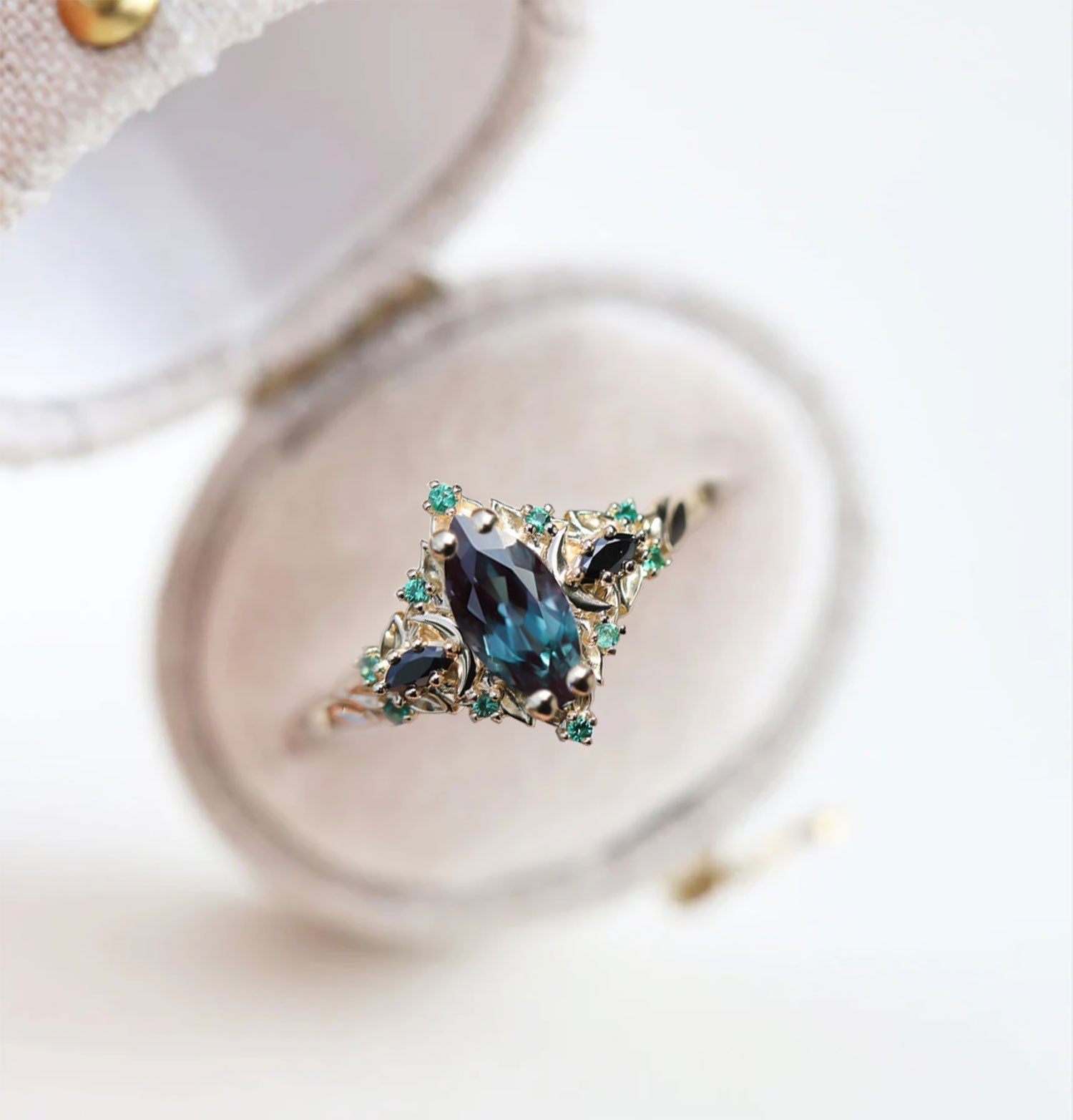 Unique Briar Moon Three Stone Marquise Lab Alexandrite and Lab Emerald Ring - Oore Jewelry