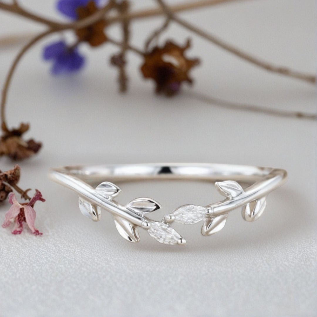 Unique Marquise Moissanite Wedding Band Leaf Moissanite Engagement Ring - Oore Jewelry