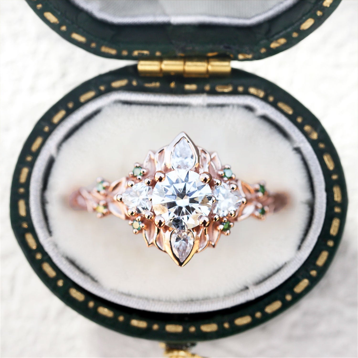 Enchanted Briar Cluster Round Moissanite and Green Sapphire Engagement Ring - Oore Jewelry