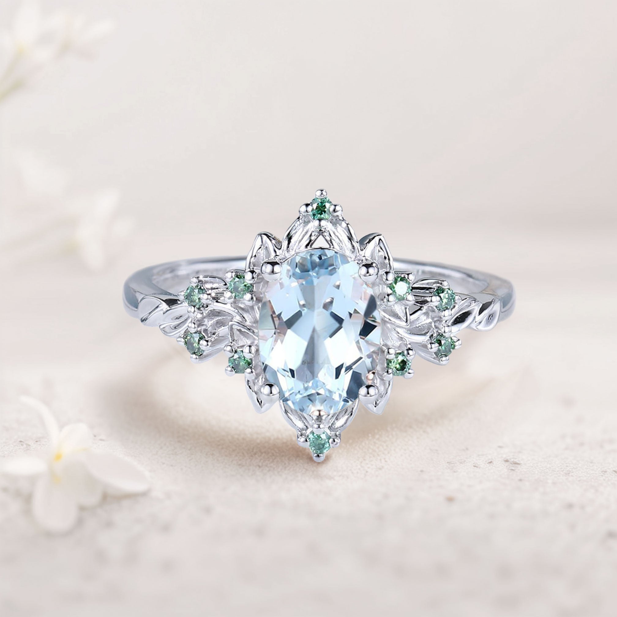 Vintage Briar Rose Oval Lab Aquamarine Engagement Ring Olive Leaves Ring - Oore Jewelry
