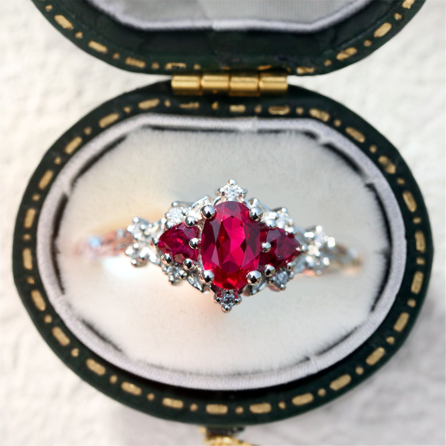 Briar Rose Three Stone Oval Lab Ruby Engagement Ring - Oore Jewelry