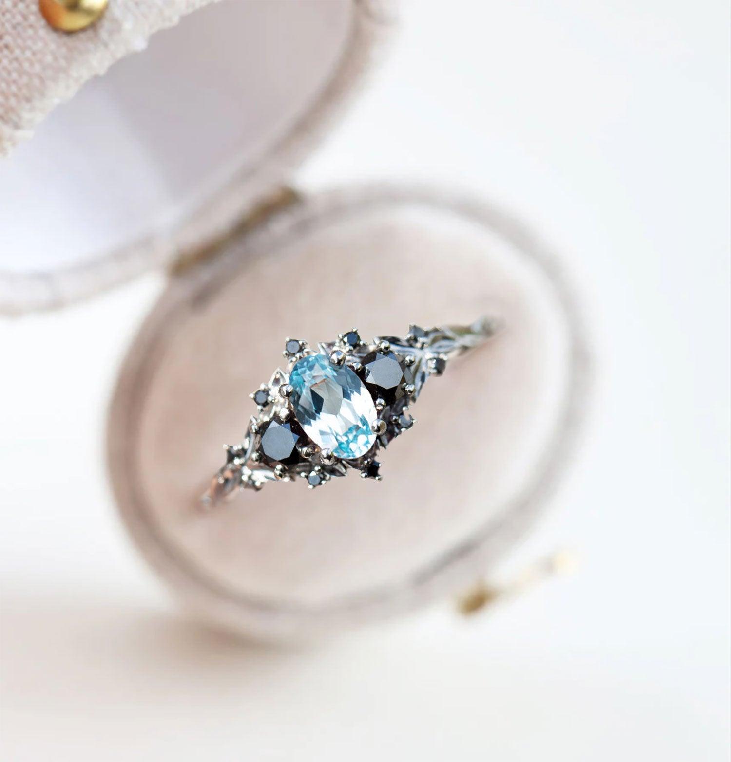 Unique Briar Rose Three Stone Oval Lab Topaz and Black Moissanite Ring - Oore Jewelry
