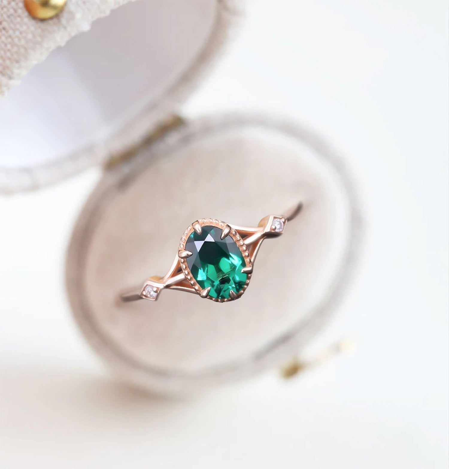 Vintage Milgrain Oval Lab Emerald Ring - Oore Jewelry