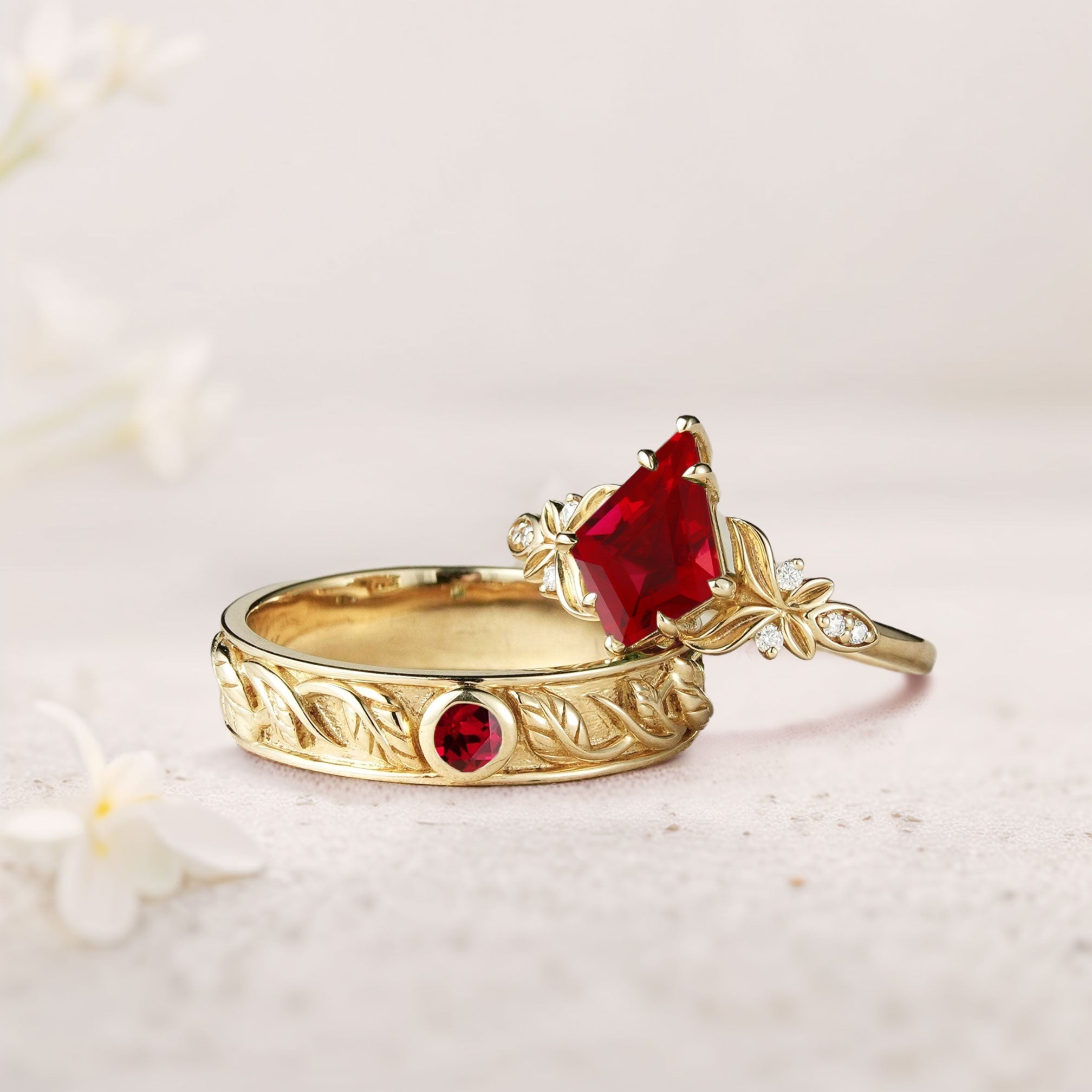Unique Kite Lab Ruby Promise Engagement Ring Wedding Ring Set For Couples - Oore Jewelry
