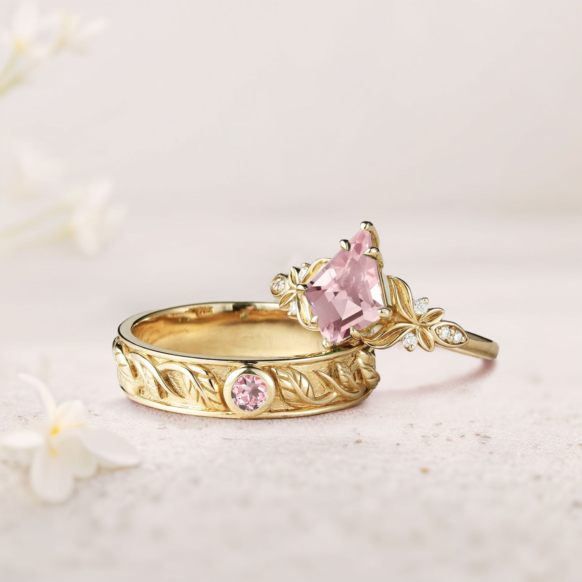 Unique Kite Lab Padparadscha Promise Engagement Ring Wedding Ring Set For Couples - Oore Jewelry