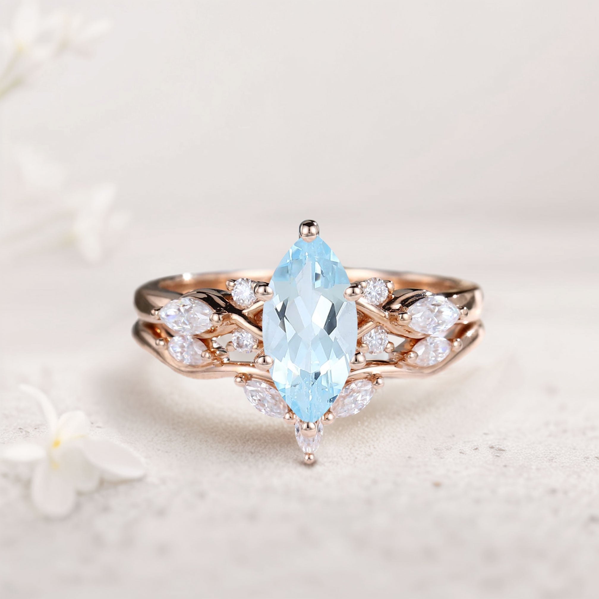 Unique Marquise Lab Aquamarine and Moissanite Wedding Ring Set Bridal Ring Set - Oore Jewelry