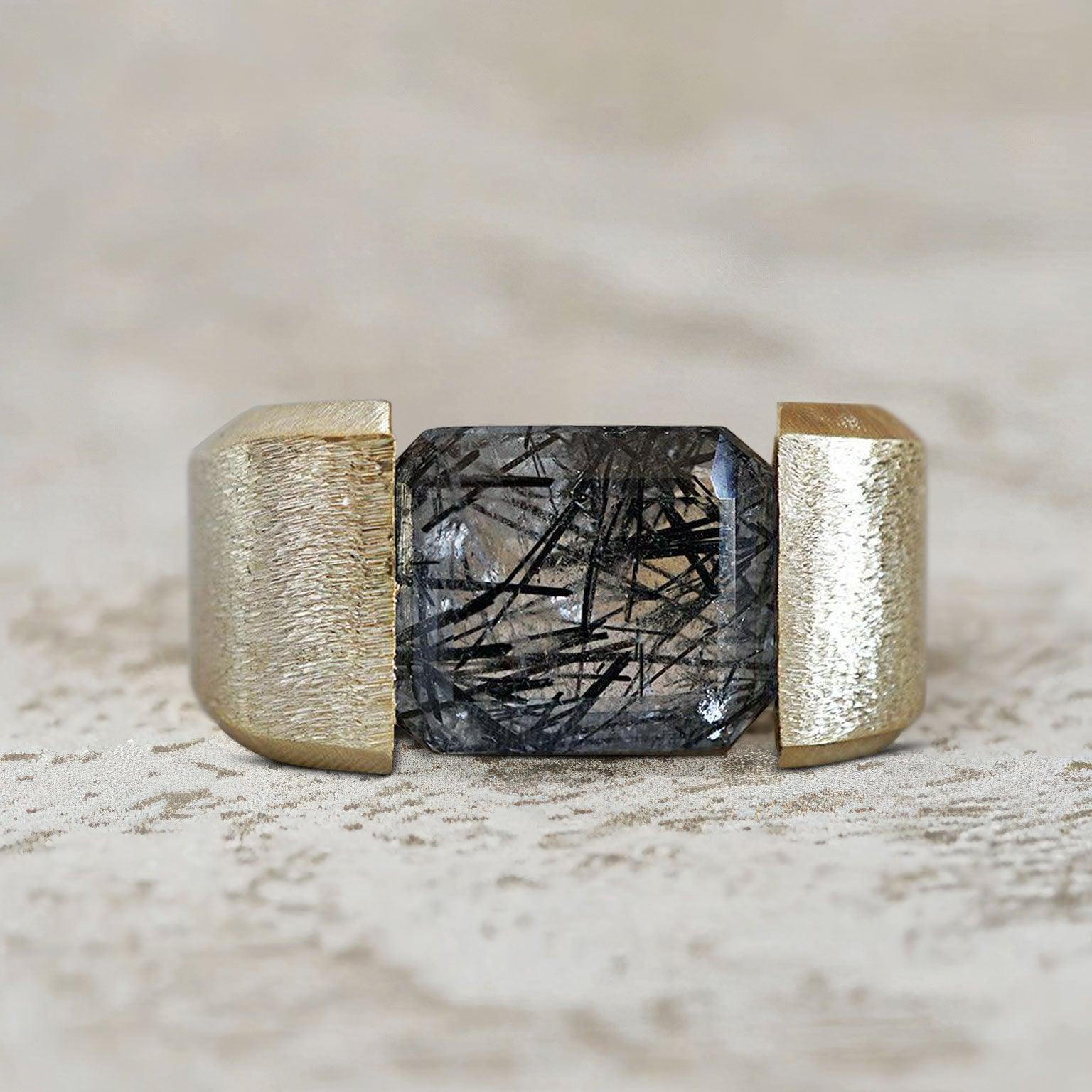 Unique Robo Emerald Lab Black Rutilated Quartz Ring Band For Men - Oore Jewelry