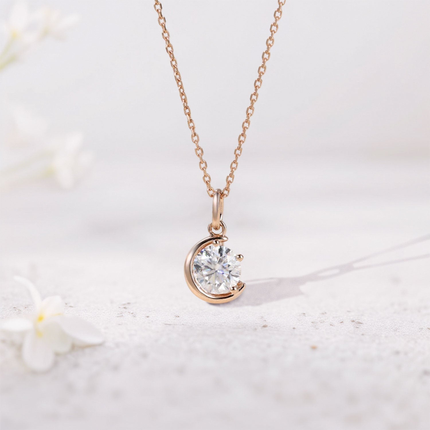 Unique Solitaire Crescent Round Moissanite Pendant Necklace - Oore Jewelry