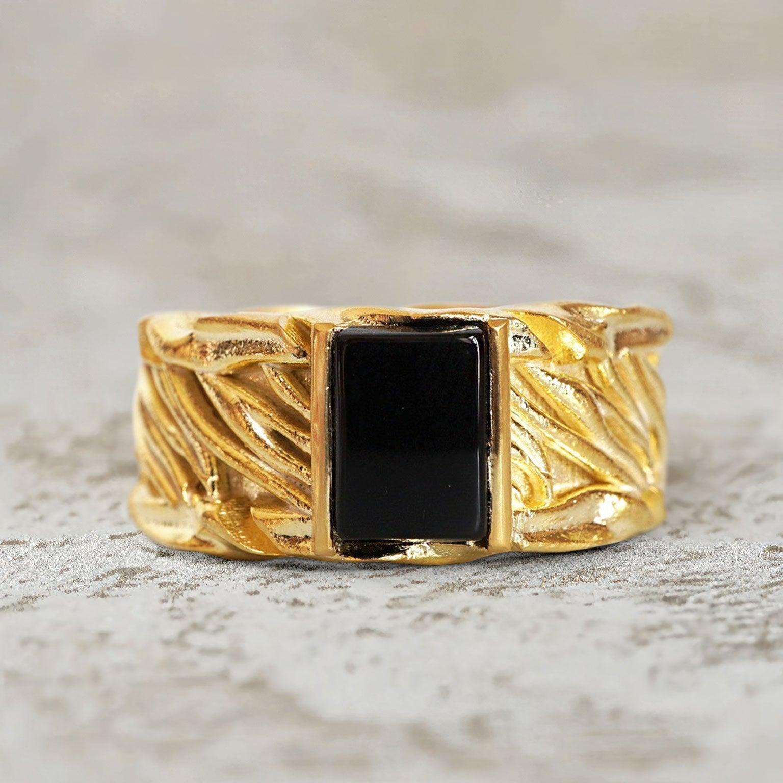 Unique Byzantine Rectangle Lab Black Onyx Ring Band For Men - Oore Jewelry