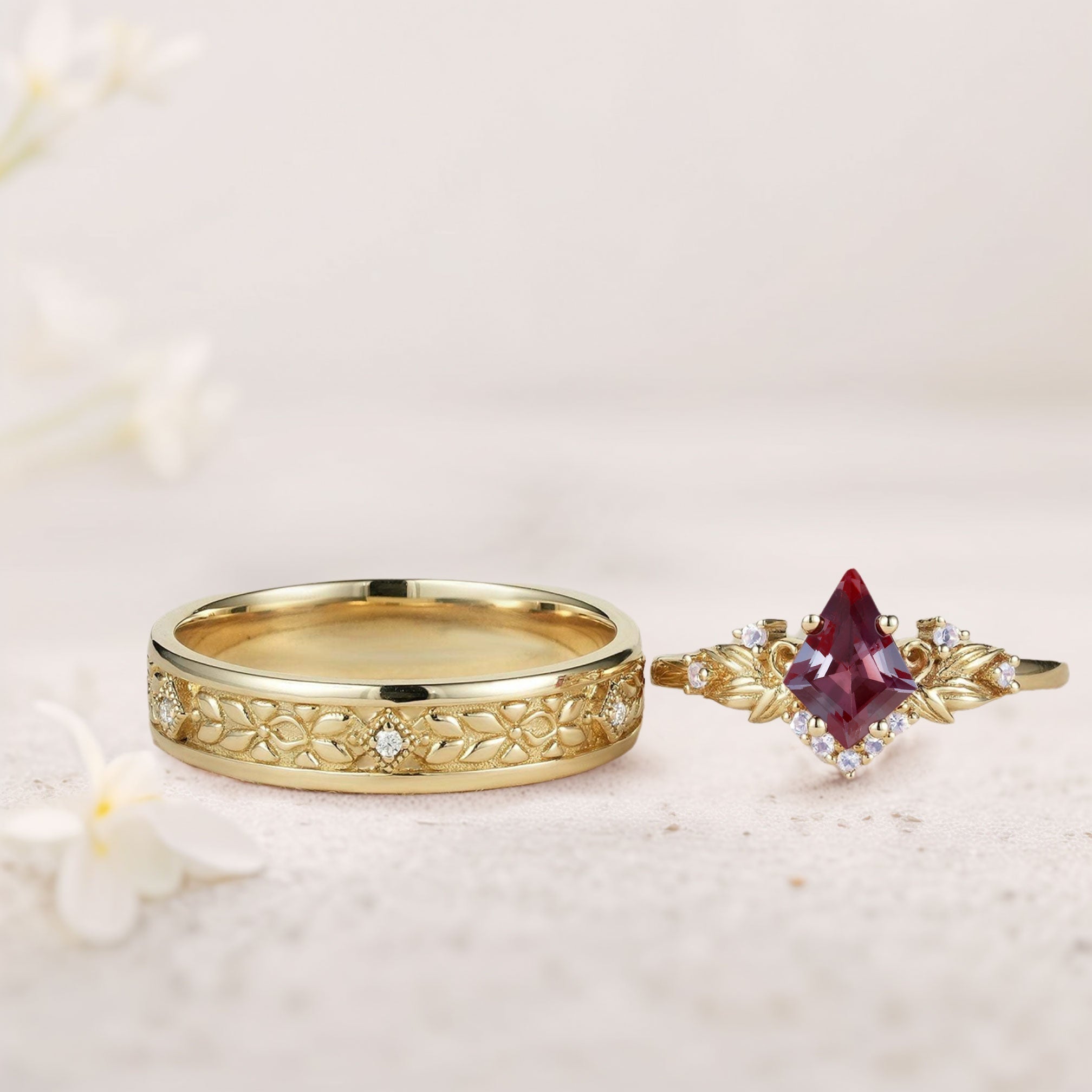 Vintage Kite Lab Alexandrite Promise Ring Engagement Ring Set for Couples - Oore Jewelry