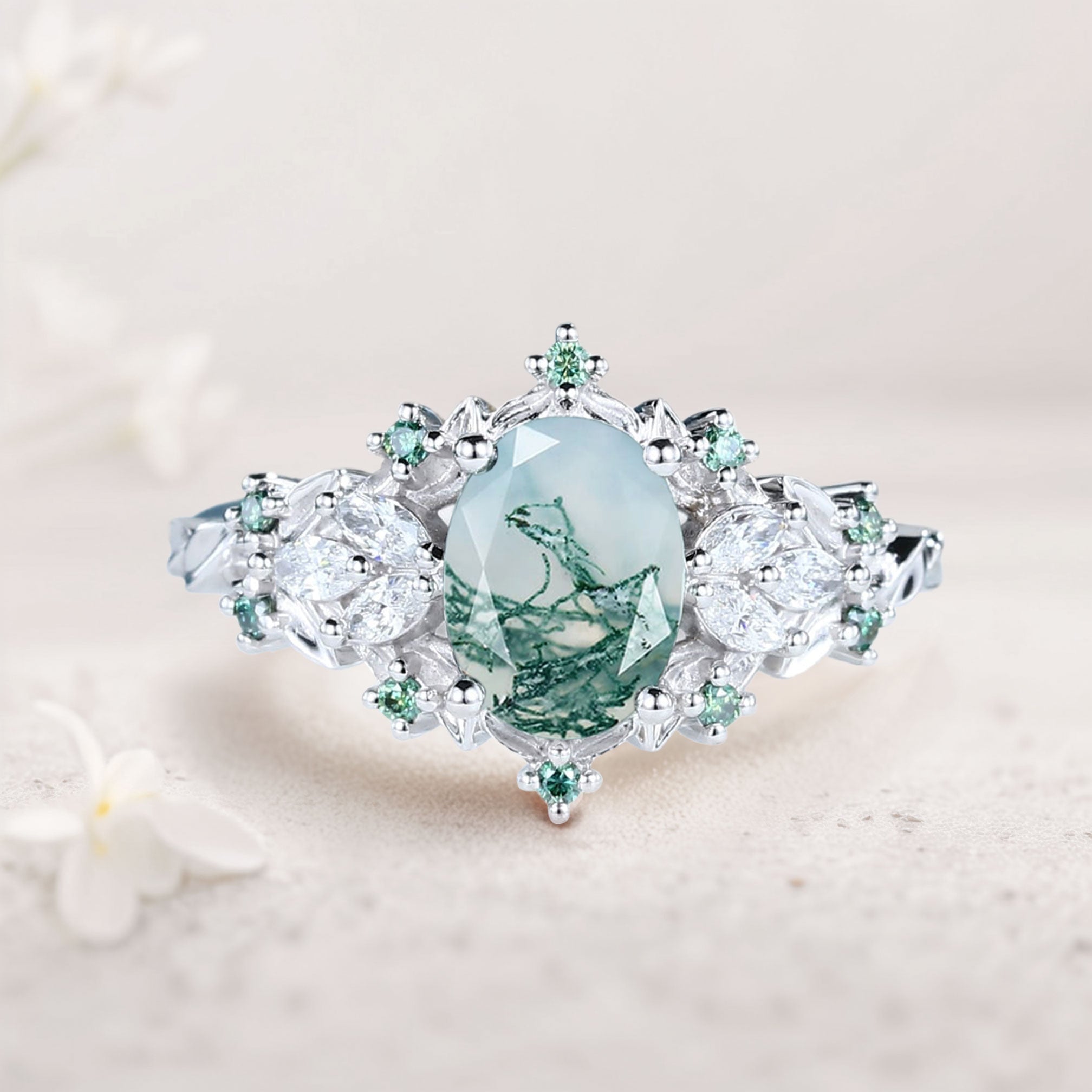 Unique Starlight Moss Agate Engagement Ring - Oore Jewelry