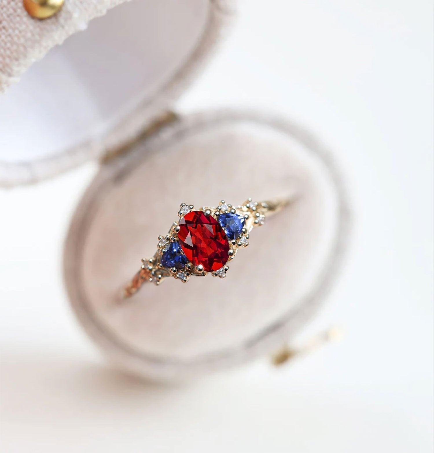 Unique Briar Rose Oval Garnet and Lab Sapphire Ring - Oore Jewelry