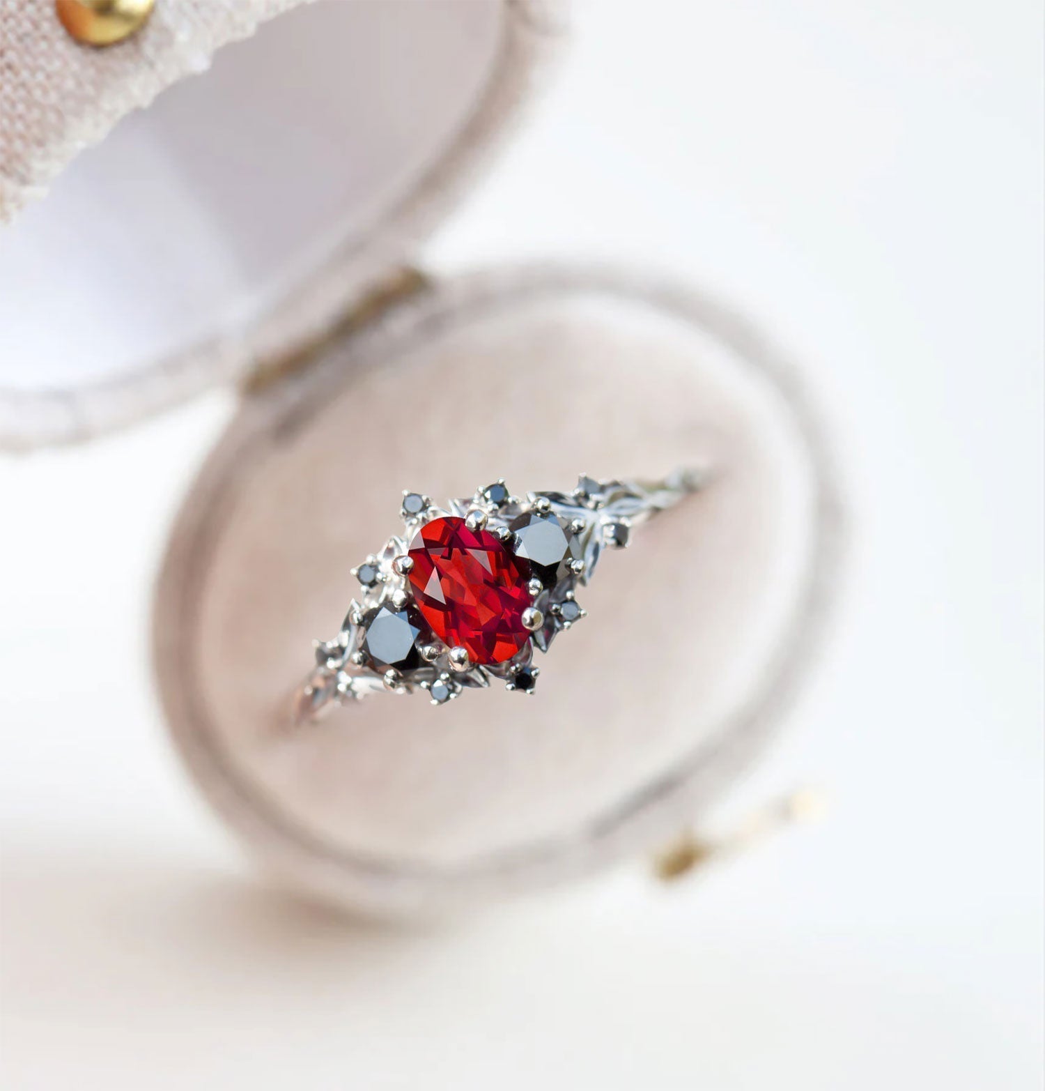 Unique Briar Rose Three Stone Oval Garnet and Black Moissanite Anniversary Ring - Oore Jewelry